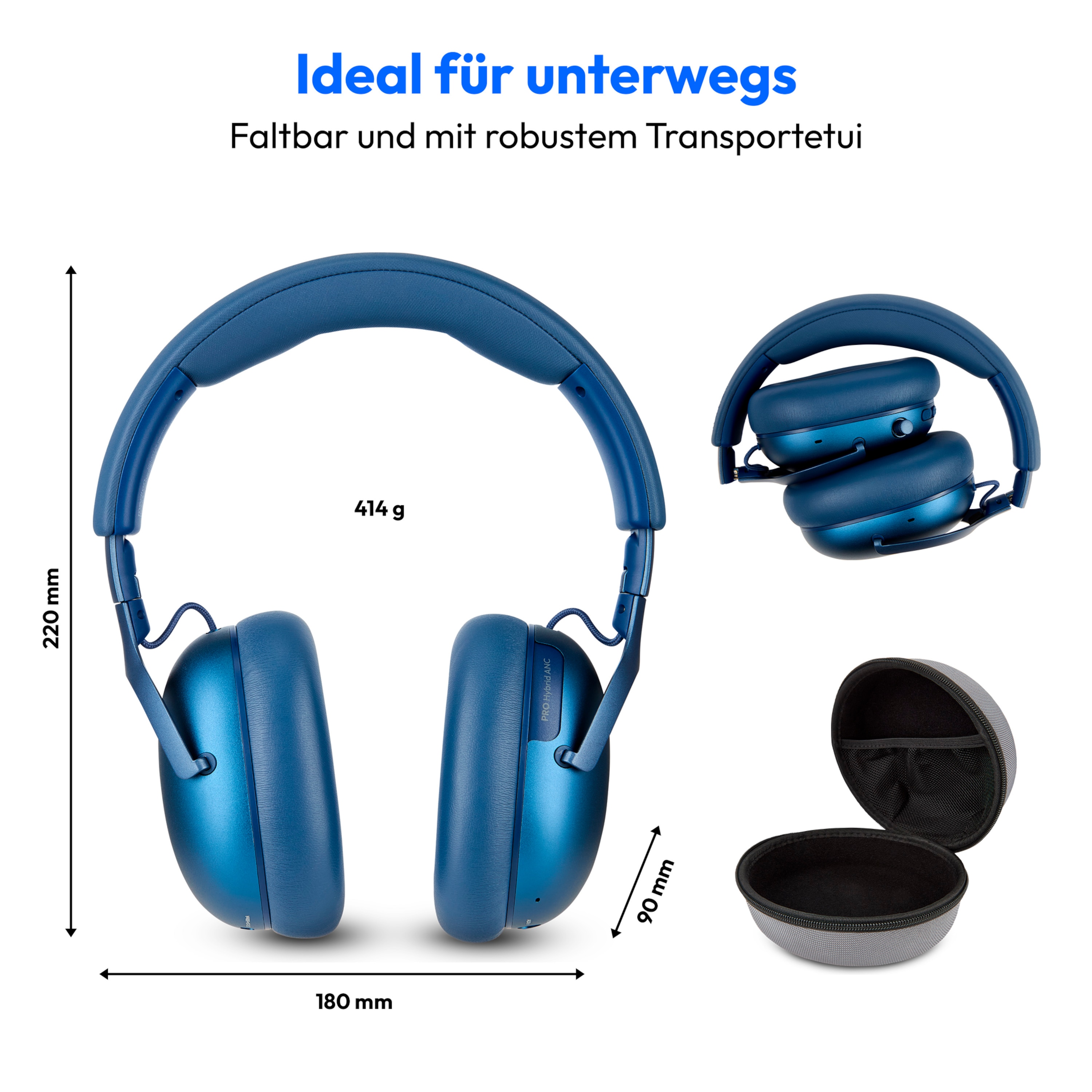 MEDION® Over Ear-Kopfhörer LIFE HX-1 Pro blau, bis zu 190 Stunden Akkulaufzeit, Hybrid Active Noise Cancelling, 7 EQ-Presets + 1 App-Preset, Bluetooth® 6.0 wireless technology, IPX4 Spritzwasserschutz