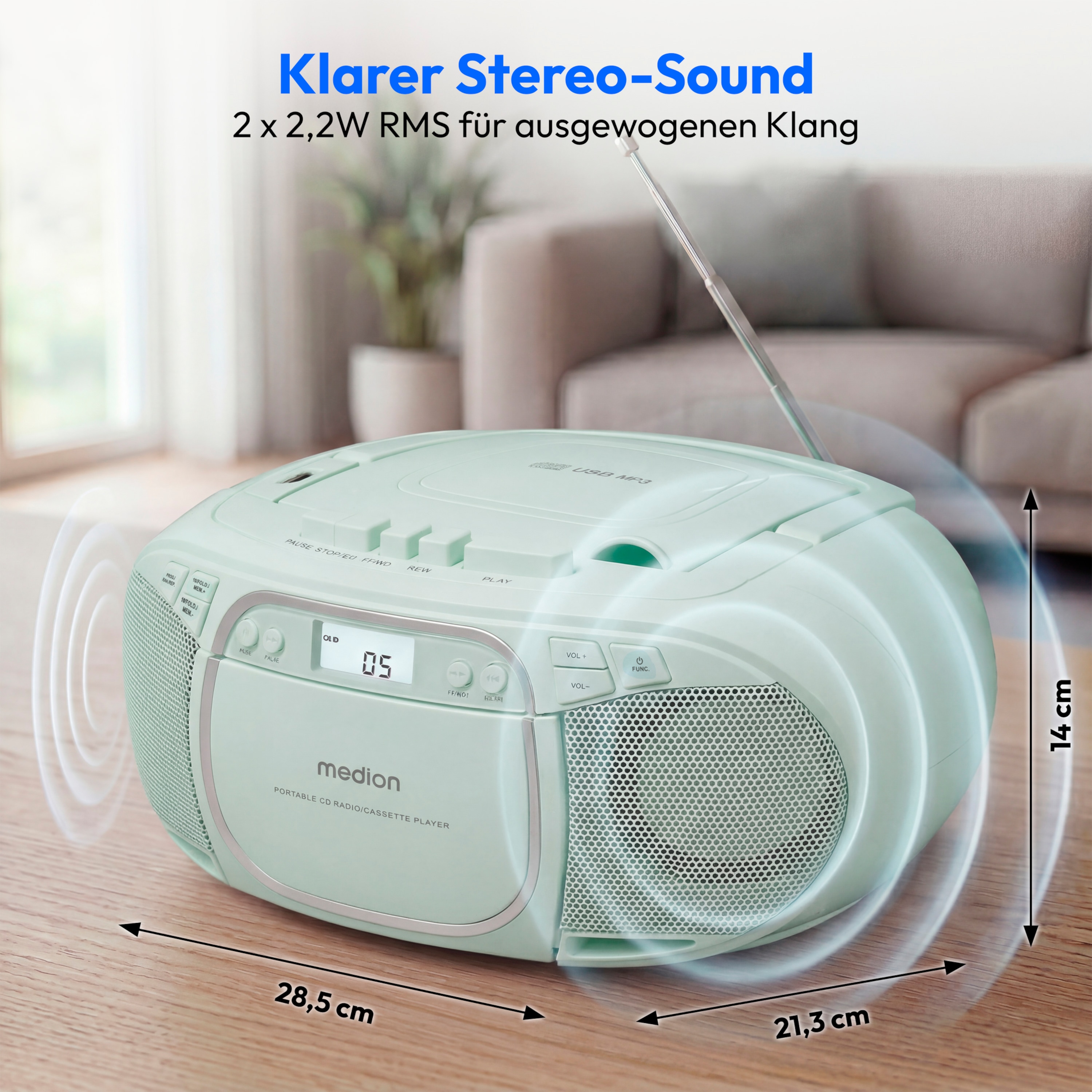 MEDION® LIFE E66476 Tragbare CD-Boombox, CD-Player, Kassettendeck, FM-Radio, USB-MP3-Wiedergabe, 30 Senderspeicher, Batteriebetrieb