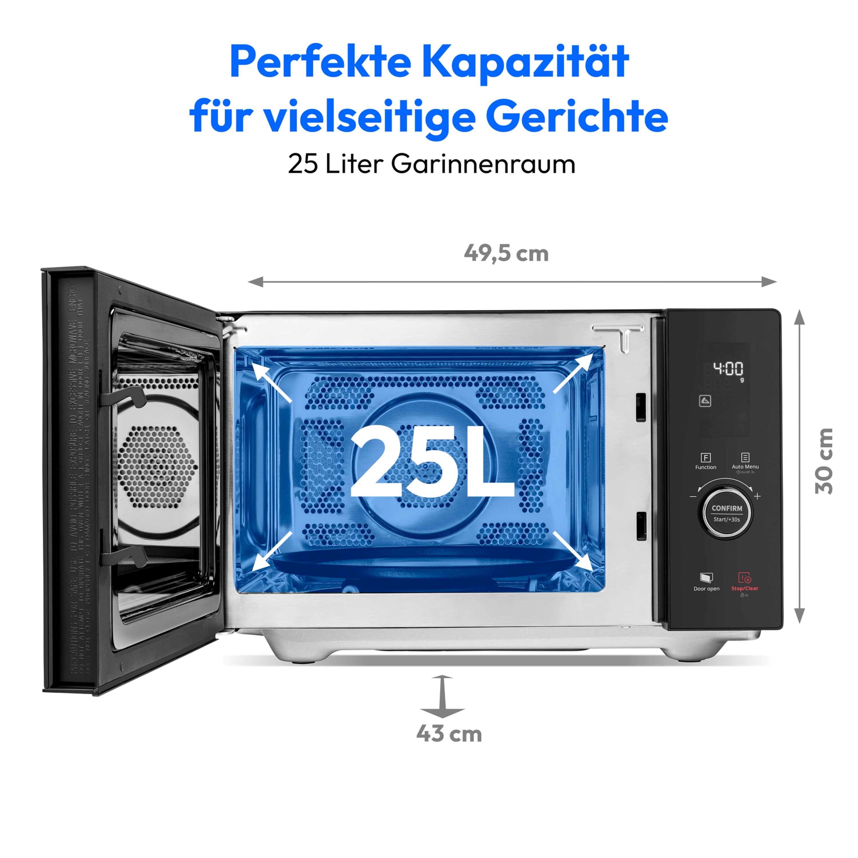 MEDION® LIFE® 4 in 1 Mikrowelle MD12041, 900 Watt Mikrowellenleistung, 1100 W Obergrillleistung, 500 W Untergrilleistung, 2100 W Heißluftfunktion, 2 Heizelemente, Sensor-Touch-Türöffnung, 11 Automatikprogramme, 25 L Kapazität, 10 Leistungsstufen