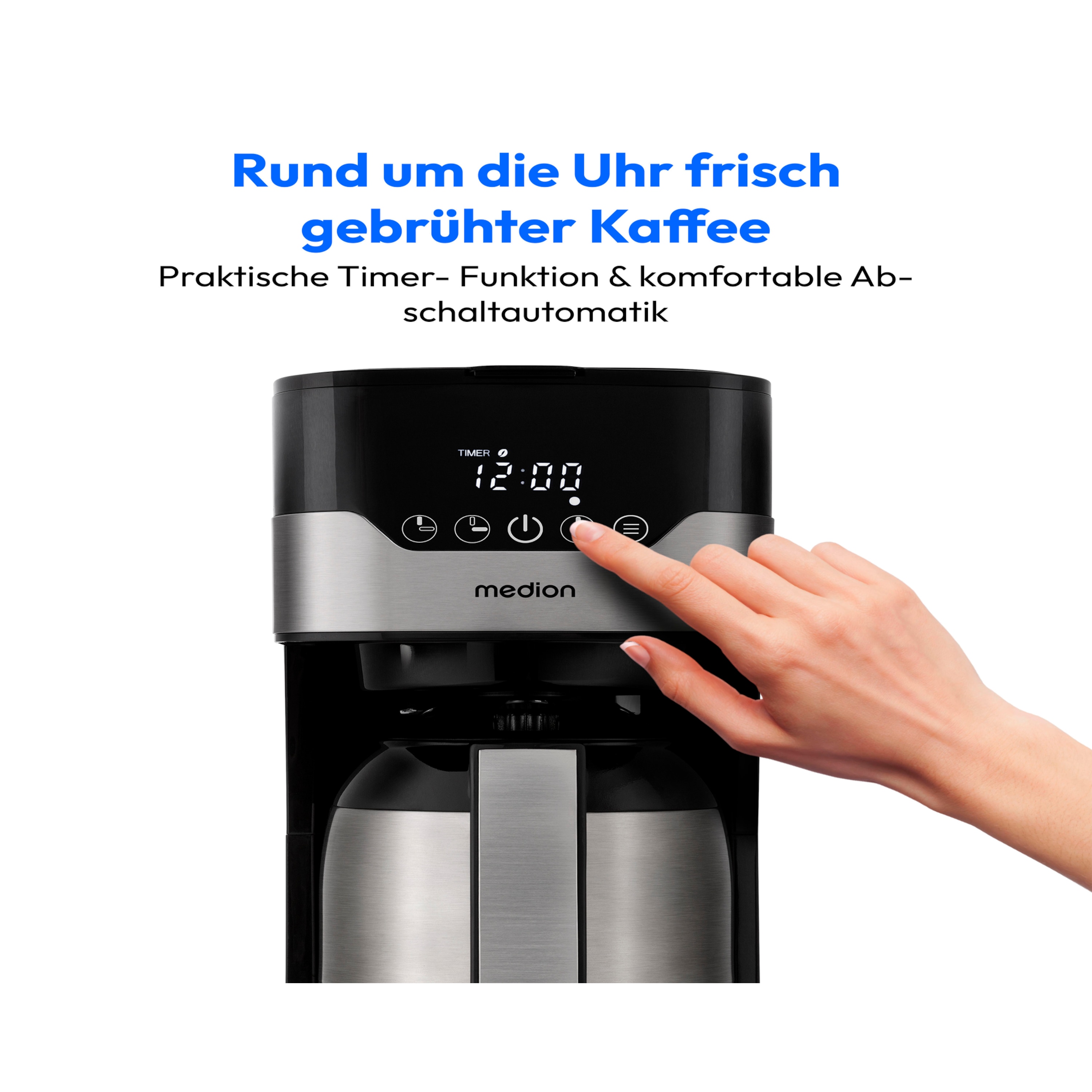 MEDION® LIFE® Kaffeemaschine mit Thermoskanne MD 18458, Timer-Funktion, Tropf-Stopp, 900 Watt, 1,1 Liter Fassungsvermögen, Aromawahlschalter