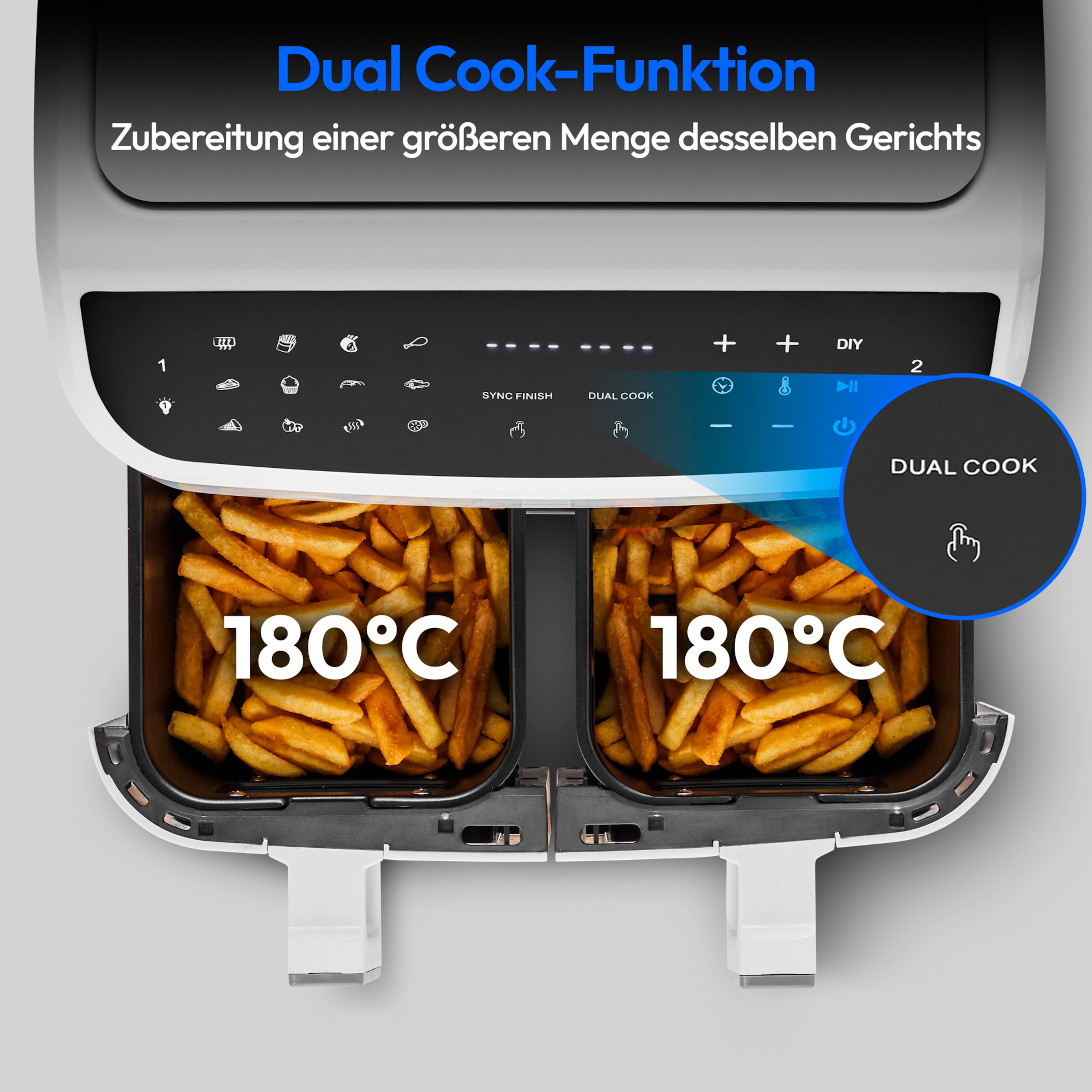 MEDION® LIFE® P20 XXL Twin Doppelzonen-Heißluftfritteuse MD 11760, 100 Rezepte in der Life+ App, 2 separate Garzonen, 9 Automatikprogramme, 8,7 L Gesamt-Nutzinhalt, 2.600 Watt, Temperatur einstellbar bis 200 °C