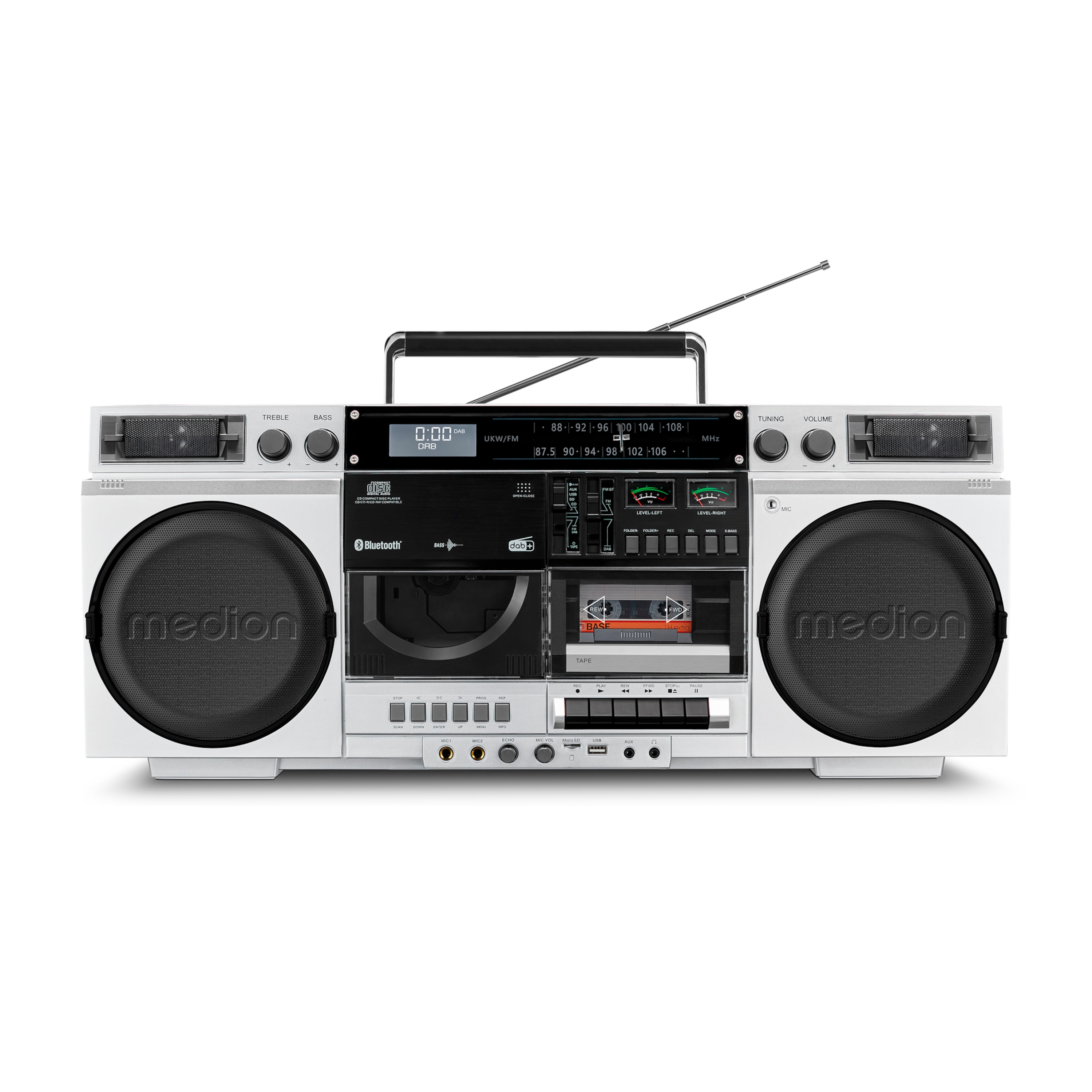 MEDION® LIFE P66538 Retro-Boombox silber, DAB+/PLL-UKW Radio, Bluetooth® 5.3 für das Abspielen von Smartphone & Co, CD-Player, Kassettendeck, X-Bass Funktion, 2 x 10 W RMS
