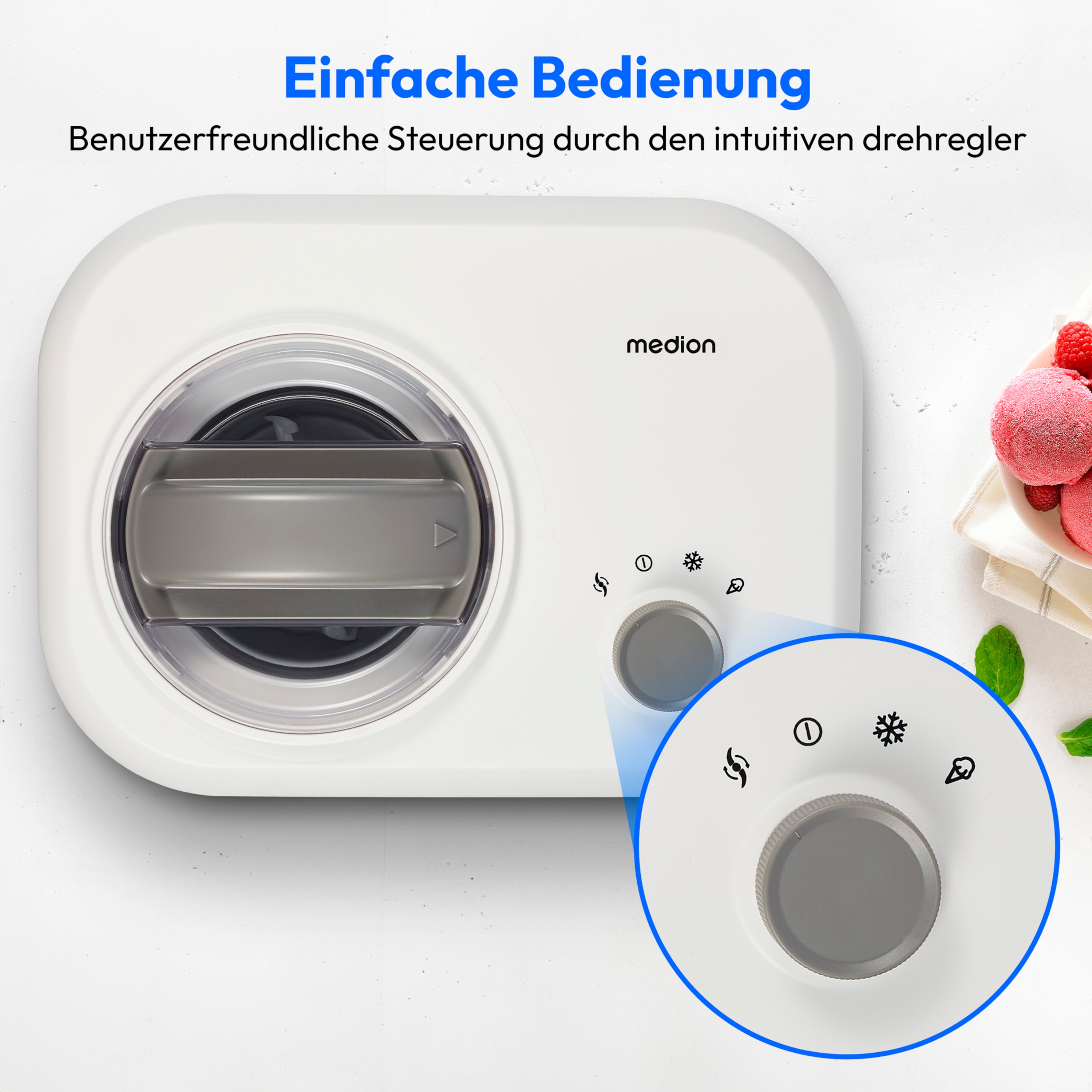 MEDION® LIFE® Eismaschine MD 10169, Kapazität für 1 L Eis, kein Vorkühlen notwendig, entnehmbarer Aluminium-Eisbehälter, geeignet für die Zubereitung von Eiscreme, Frozen Yoghurt & Sorbet