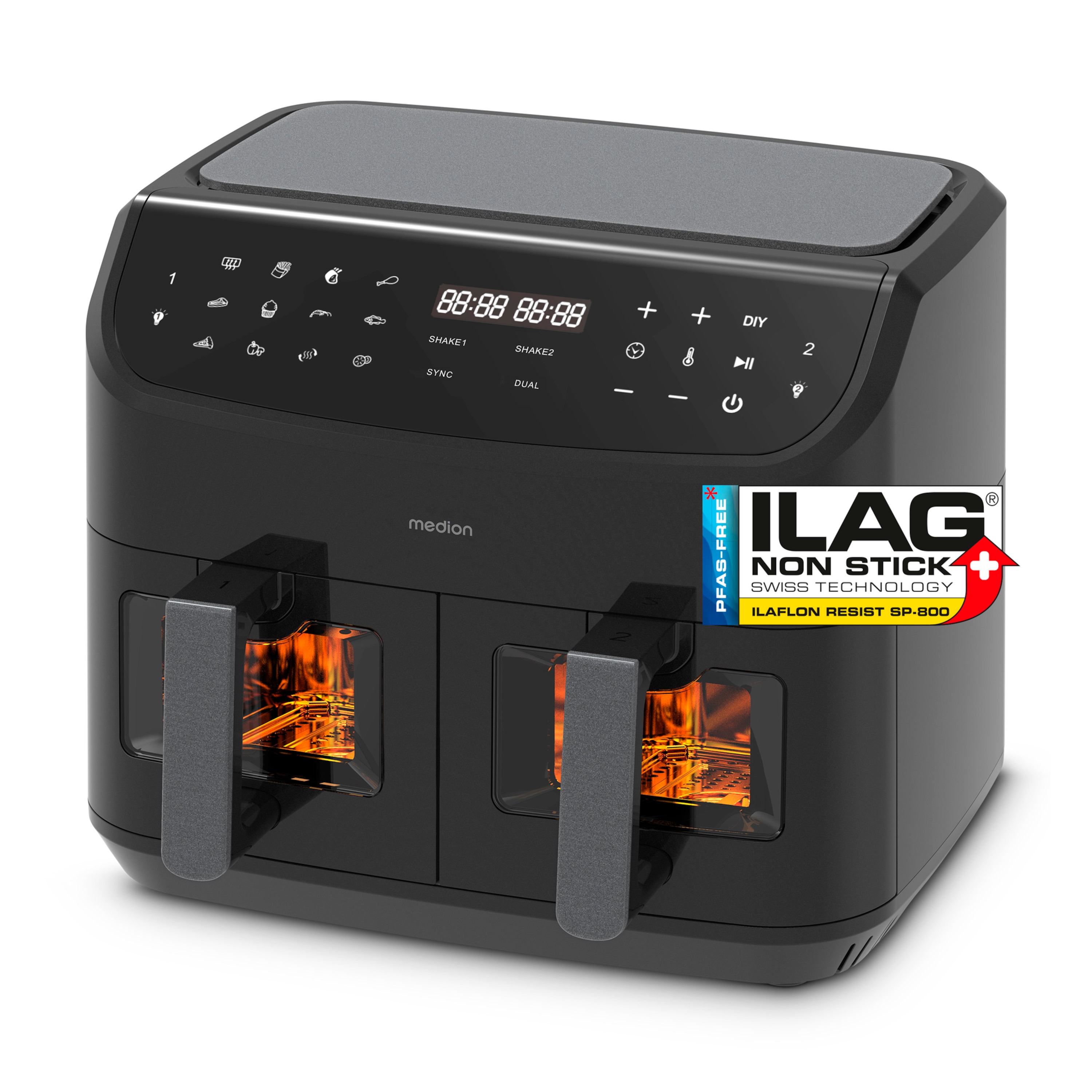 MEDION® LIFE® P20 XXL Twin Doppelzonen-Heißluftfritteuse MD 11760, 100 Rezepte in der Life+ App, 2 separate Garzonen, 9 Automatikprogramme, 8,7 L Gesamt-Nutzinhalt, 2.600 Watt, Temperatur einstellbar bis 200 °C