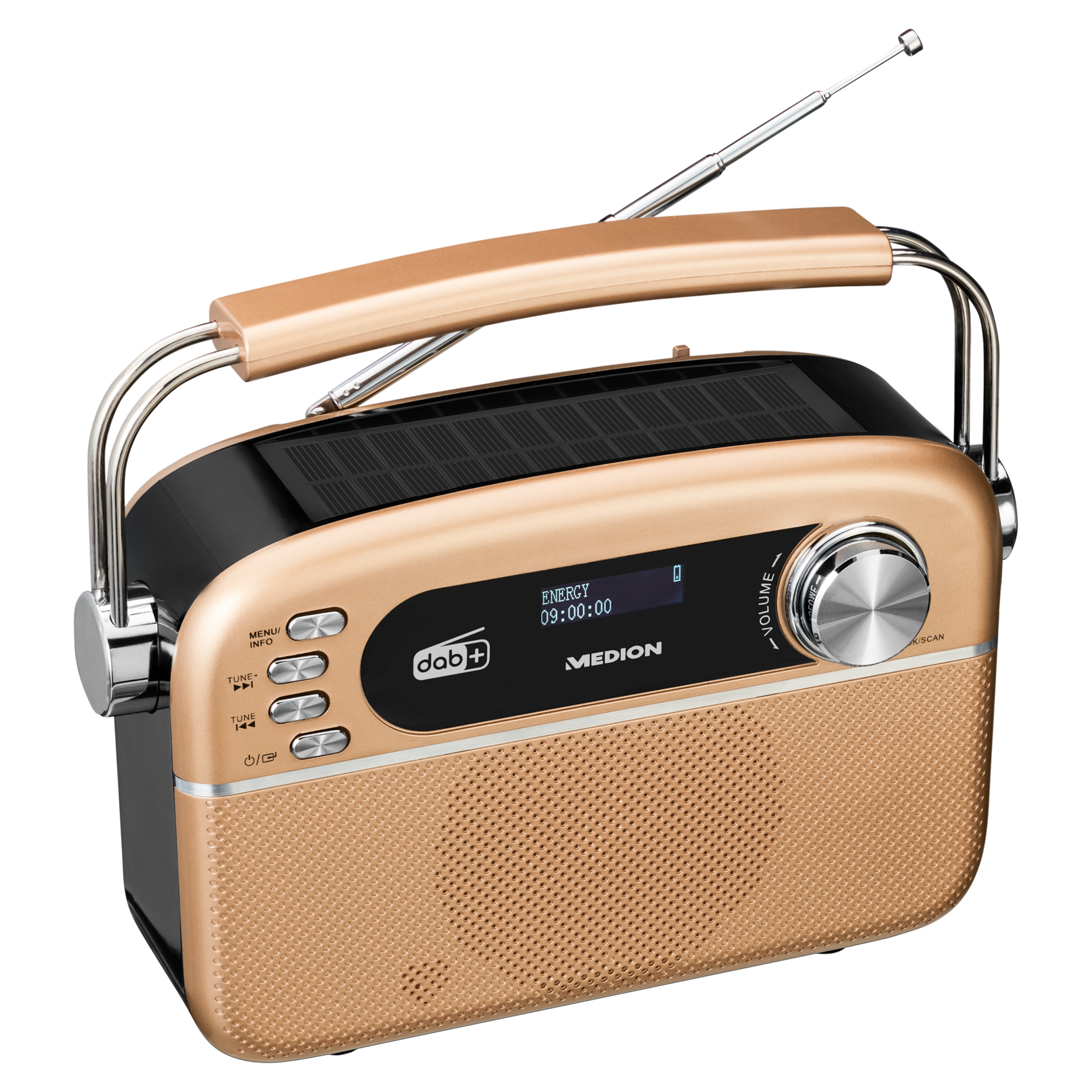 MEDION® LIFE® E66809 Retro-Radio, DAB+/PLL-UKW Radio, je 30 Senderspeicher, Bluetooth® 5.3, Solarpanel, integrierter Li-Ion Akku, 2,5 W RMS