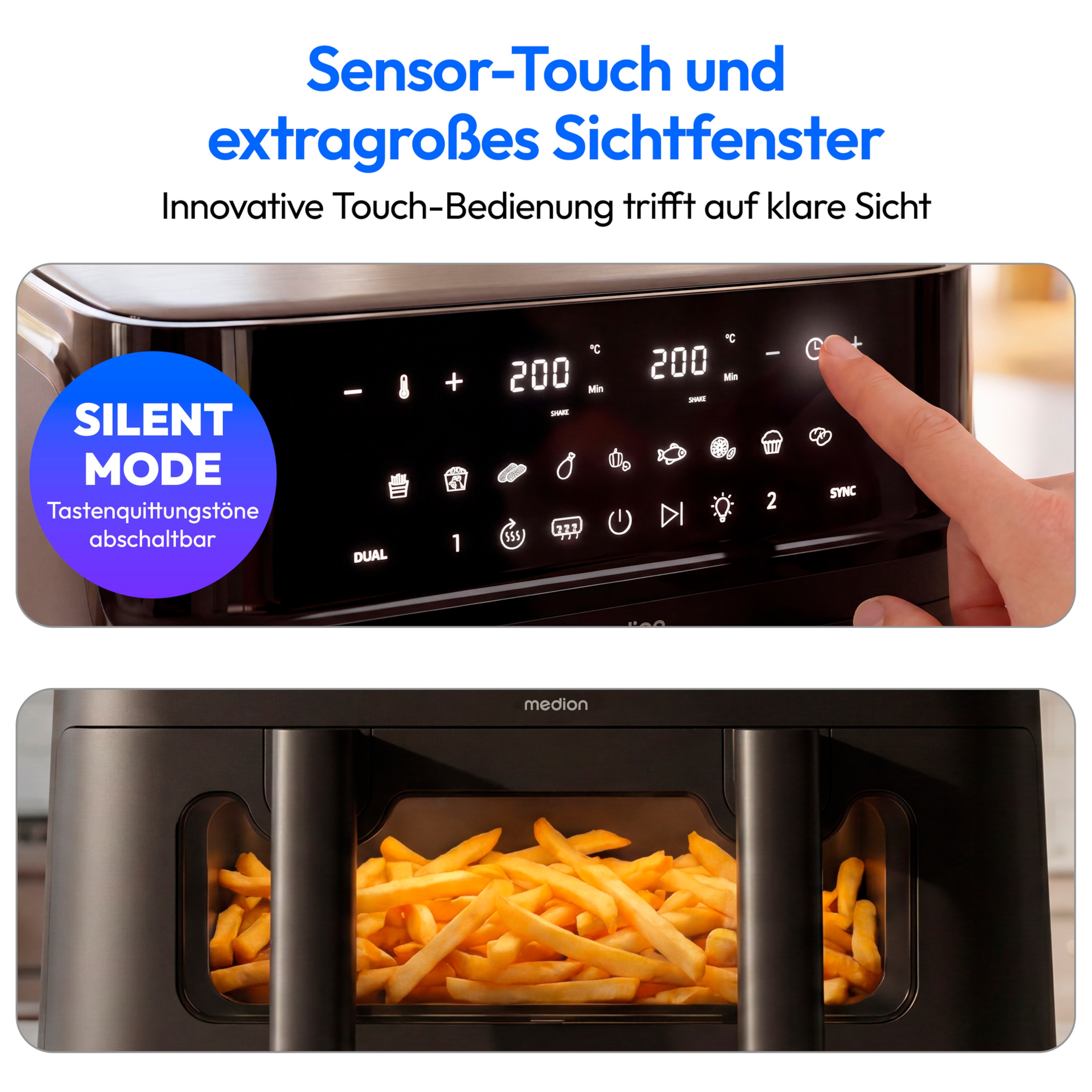 MEDION® LIFE® P25 XXL Flex M Heißluftfritteuse MD100057 schwarz, 100 Rezepte in der Life+ App, 2 separate Garzonen, 10 Automatikprogramme, 10,8 L Gesamt-Nutzinhalt, 3.040 Watt, Temperatur einstellbar bis 200 °C