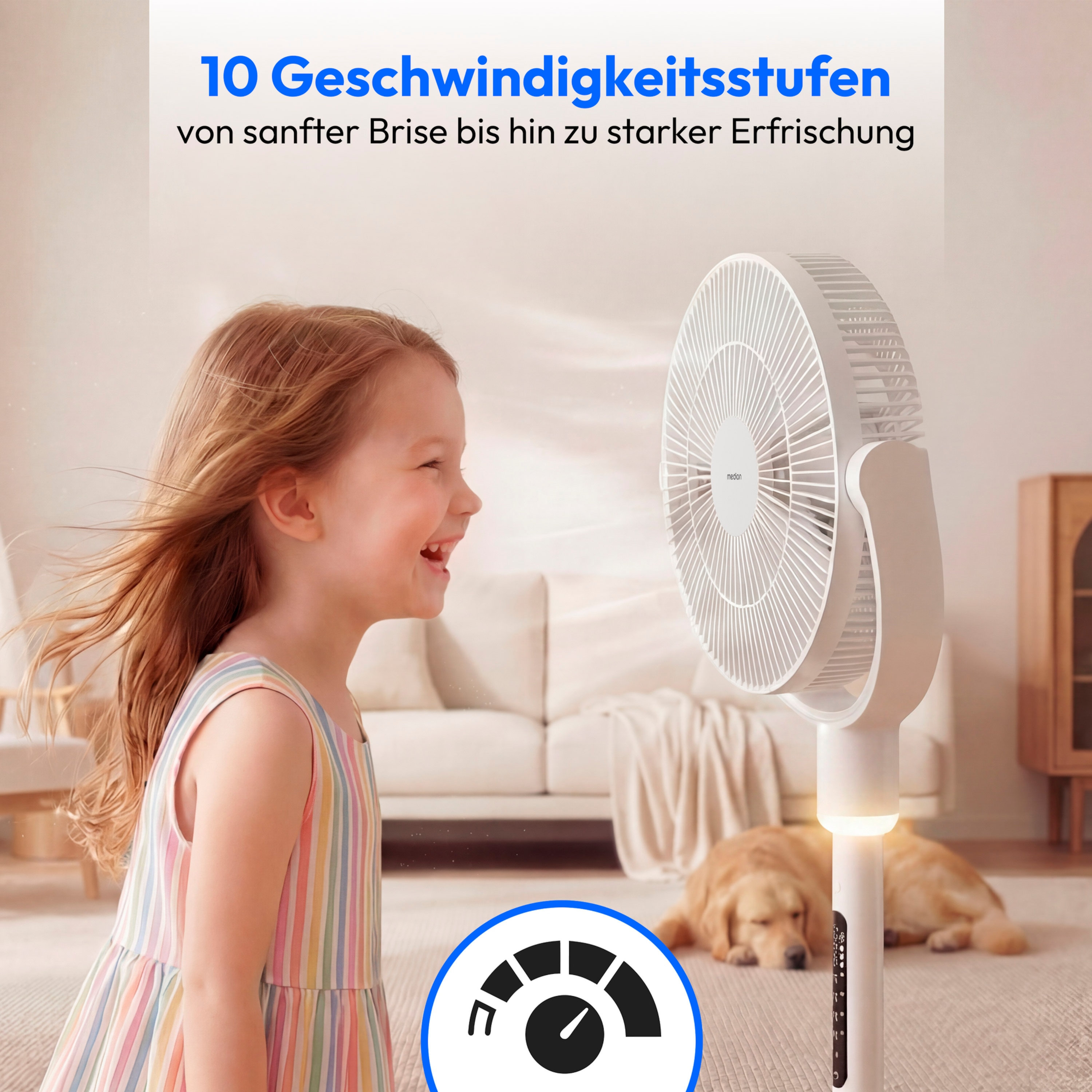 MEDION® LIFE P25 SF Akku-Standventilator (MD 100144), App-Steuerung, 10 Geschwindigkeitsstufen, 24 Watt Leistung, Schwenkfunktion, inkl. Fernbedienung