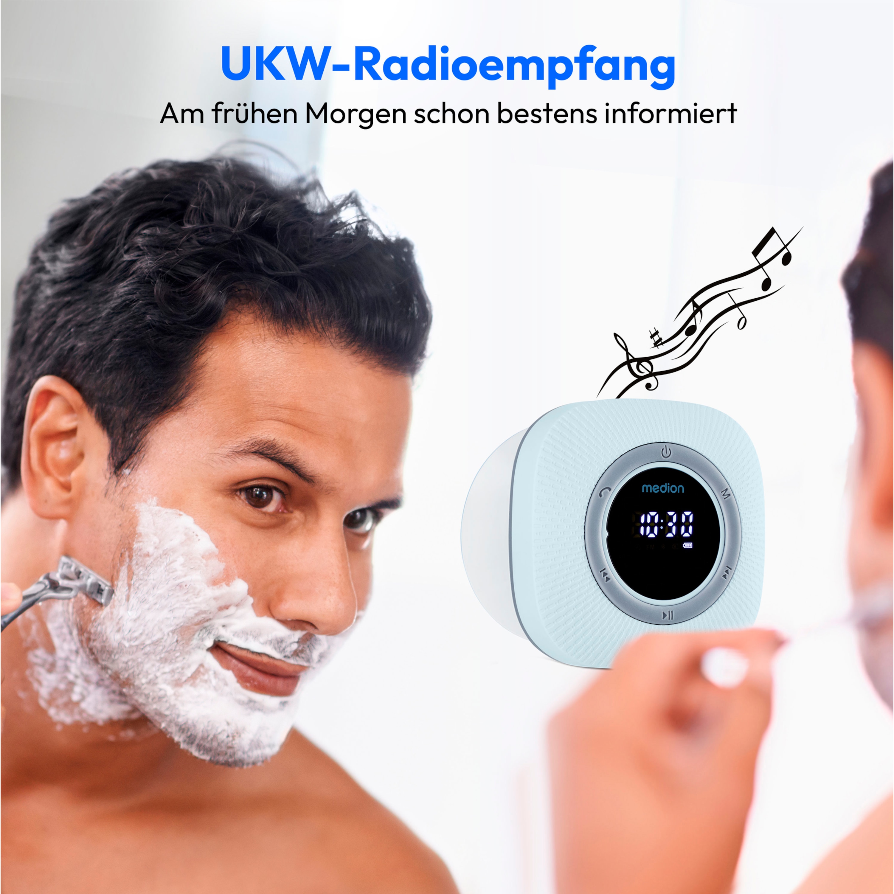 MEDION® LIFE® S66884 Duschradio, LED-Display, UKW-Radio, IPX6 Schutz, Bluetooth® 5.0, 30 W Ausgangsleistung (3 W RMS)