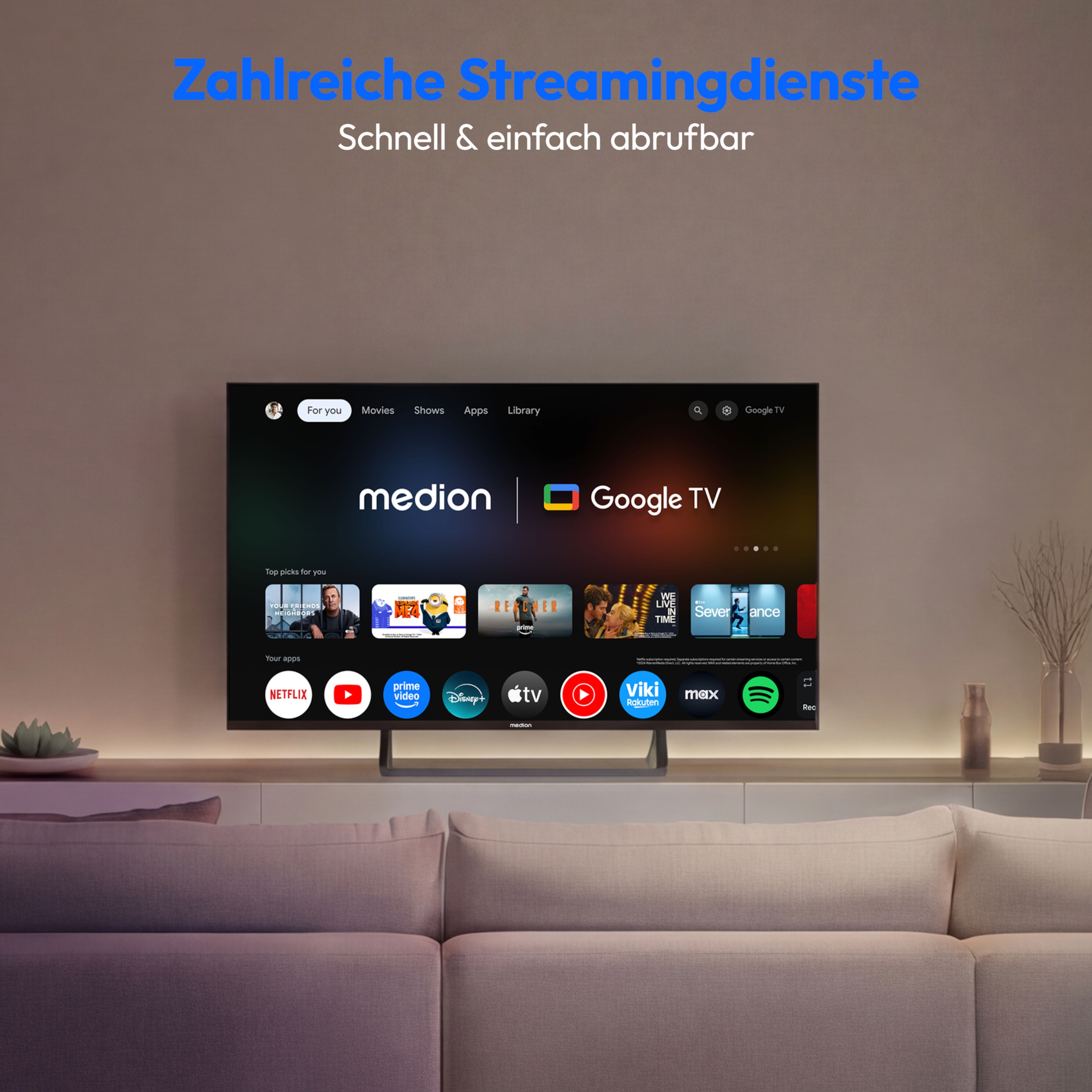 MEDION® LIFE MD 843401 Google TV™ (2026), 108 cm (43'') Ultra HD Display, HDR (High Dynamic Range), Dolby Vision®, MEMC, Bluetooth®, PVR ready, Netflix, Prime Video, Disney+, App Store
