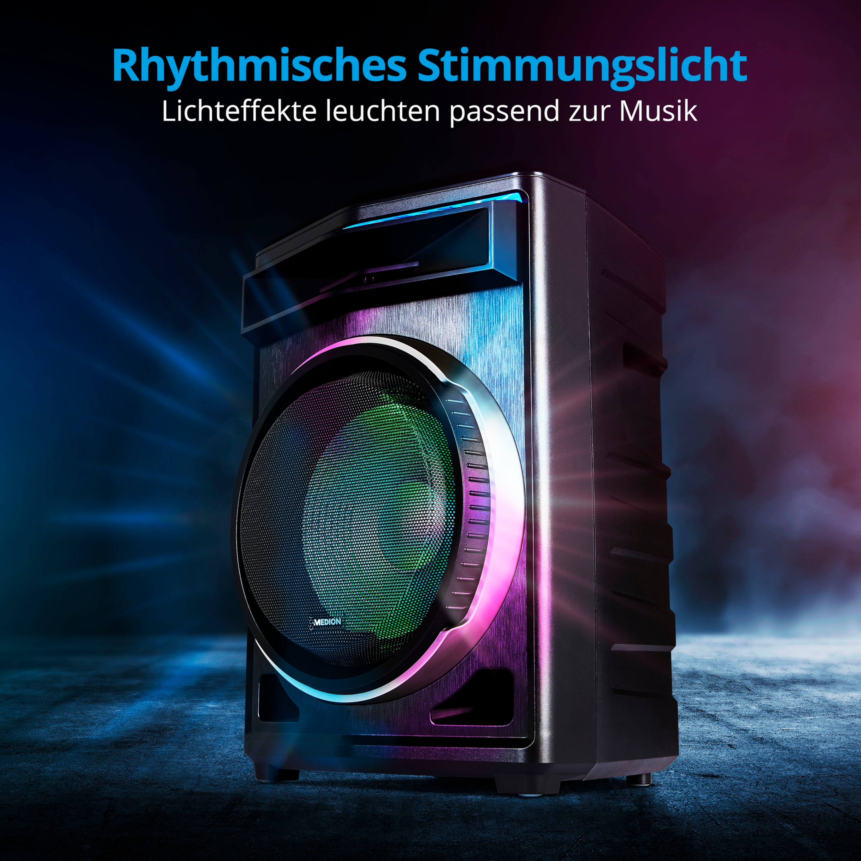 MEDION® LIFE® P61200 Partylautsprecher, tragbares Bluetooth® Soundsystem, verschiedene Lichteffekte, satter Sound, Teleskopgriff und Rollen, 350 W max. Musikausgangsleistung