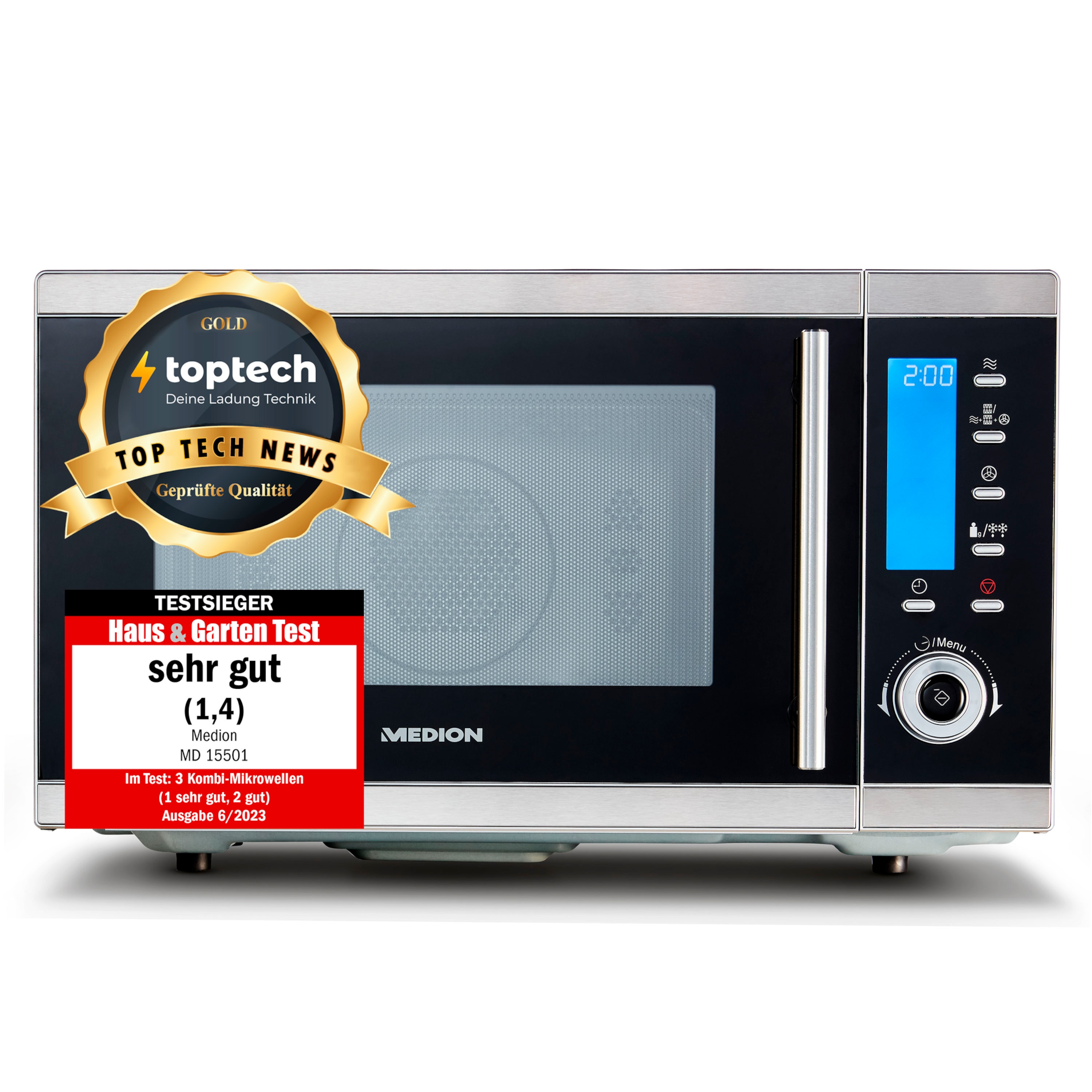 MEDION® LIFE® 4in1 Mikrowelle MD 15501, Kombination aus Mikrowelle, Ofen und Doppelgrill, 10 Automatikprogramme, 25 L Garinnenraum