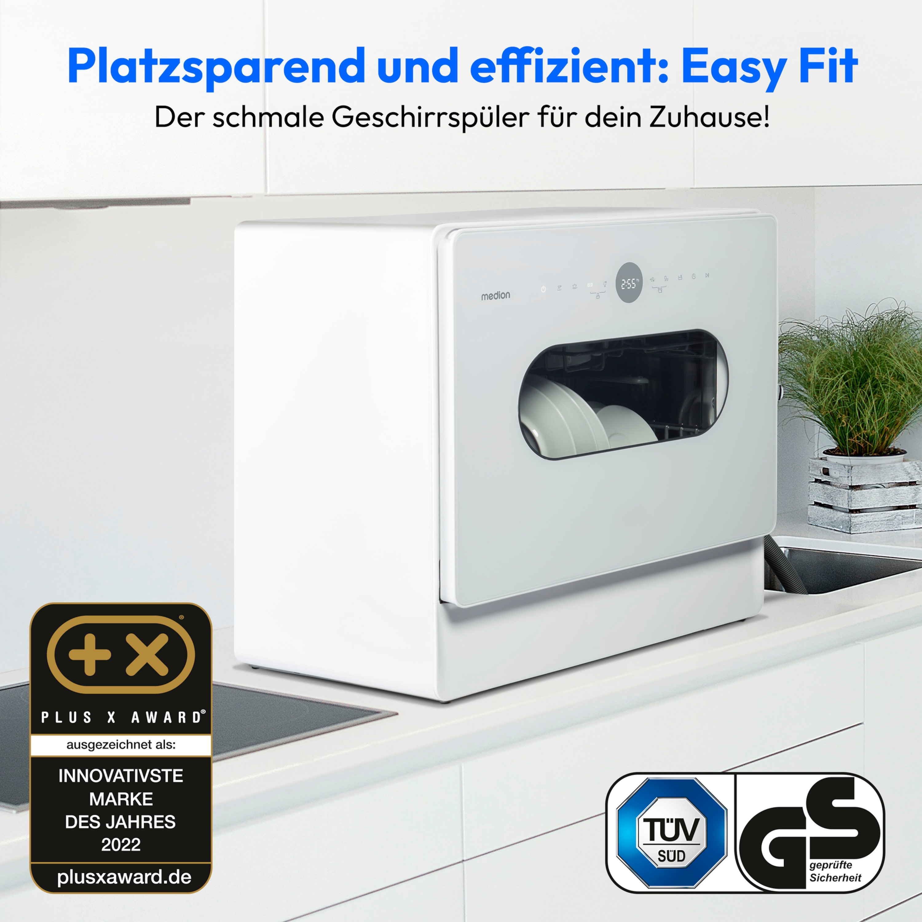 MEDION® LIFE® Tischgeschirrspüler DWT51 (MD 37766), 7 Reinigungsprogramme, Eimer-Funktion und Wasseranschluss, für 5 Gedecke, EasyFit Design, Touch-Bedienfeld, LED-Display