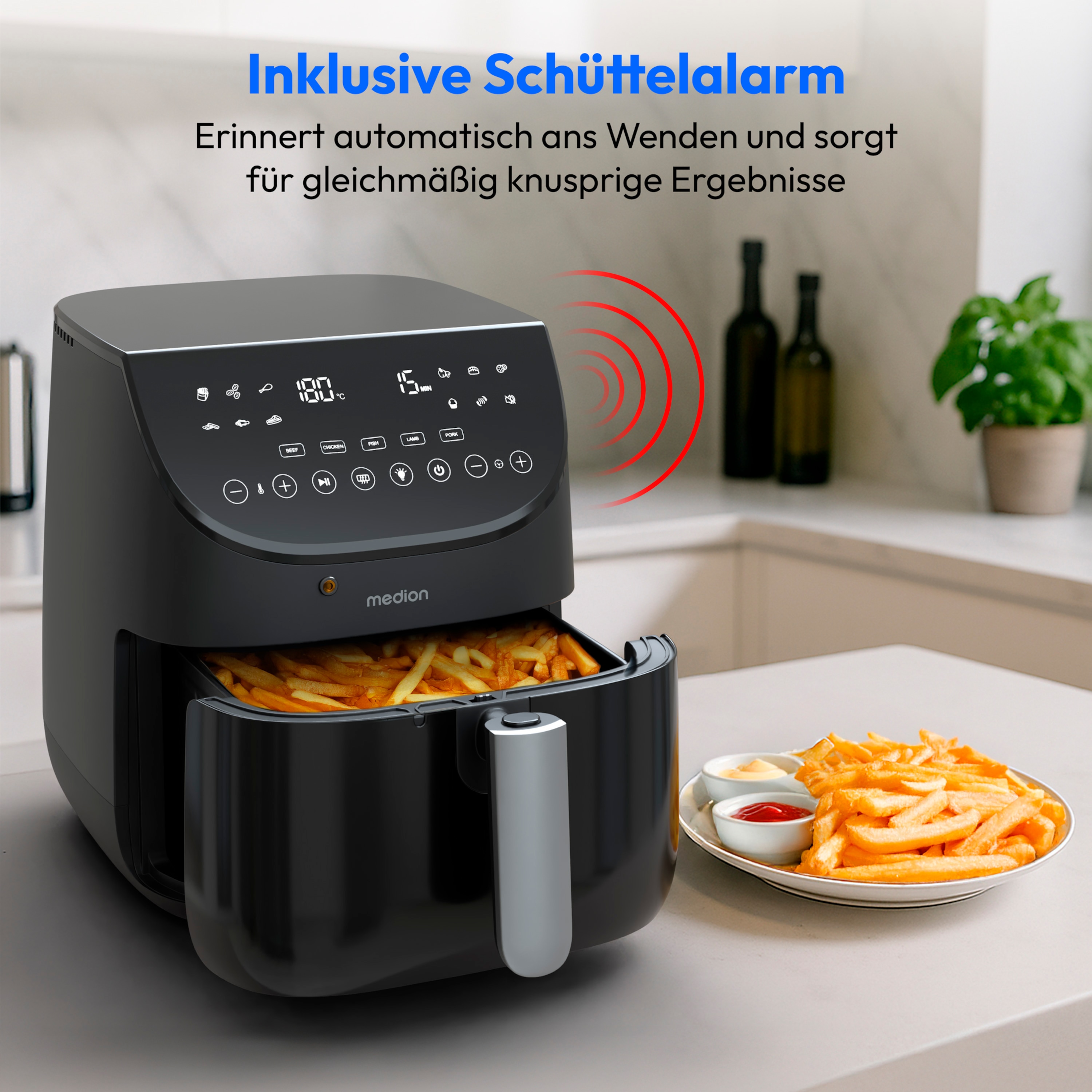 MEDION® LIFE Heißluftfritteuse X20 XL (MD13060), Temperaturfühler, MEDION Life+ App, Touch-Sensor- Bedienfeld, 6,6 L Fassungsvermögen, 10 Automatikprogramme, 5 Fleischprogramme