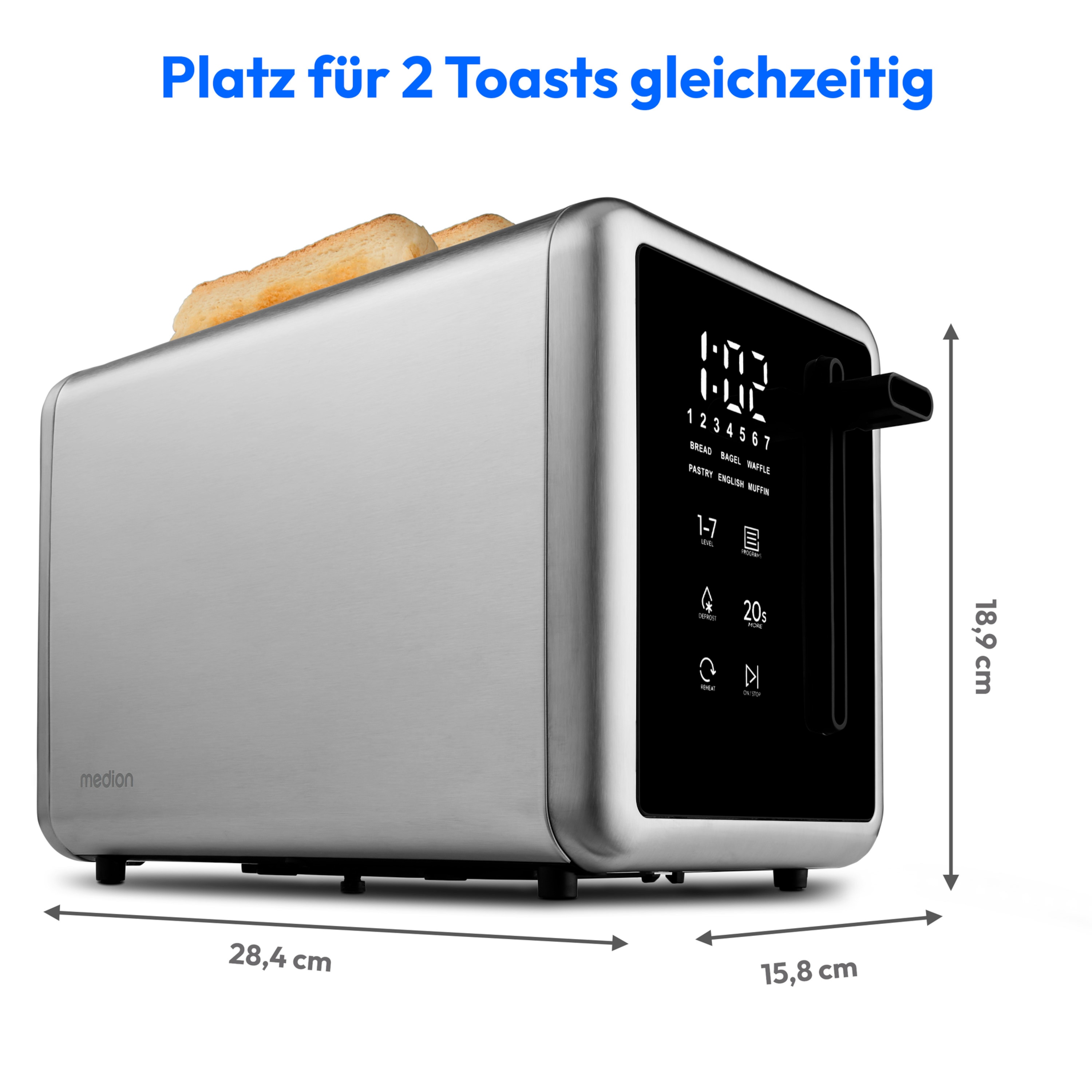 MEDION® MEDION LIFE Toaster MD12102, 2 Toastschlitze für zwei Toastscheiben, LED Sensor-Touch-Display für präzise Steuerung, 7 Bräunungsstufen und 5 Automatikprogramme