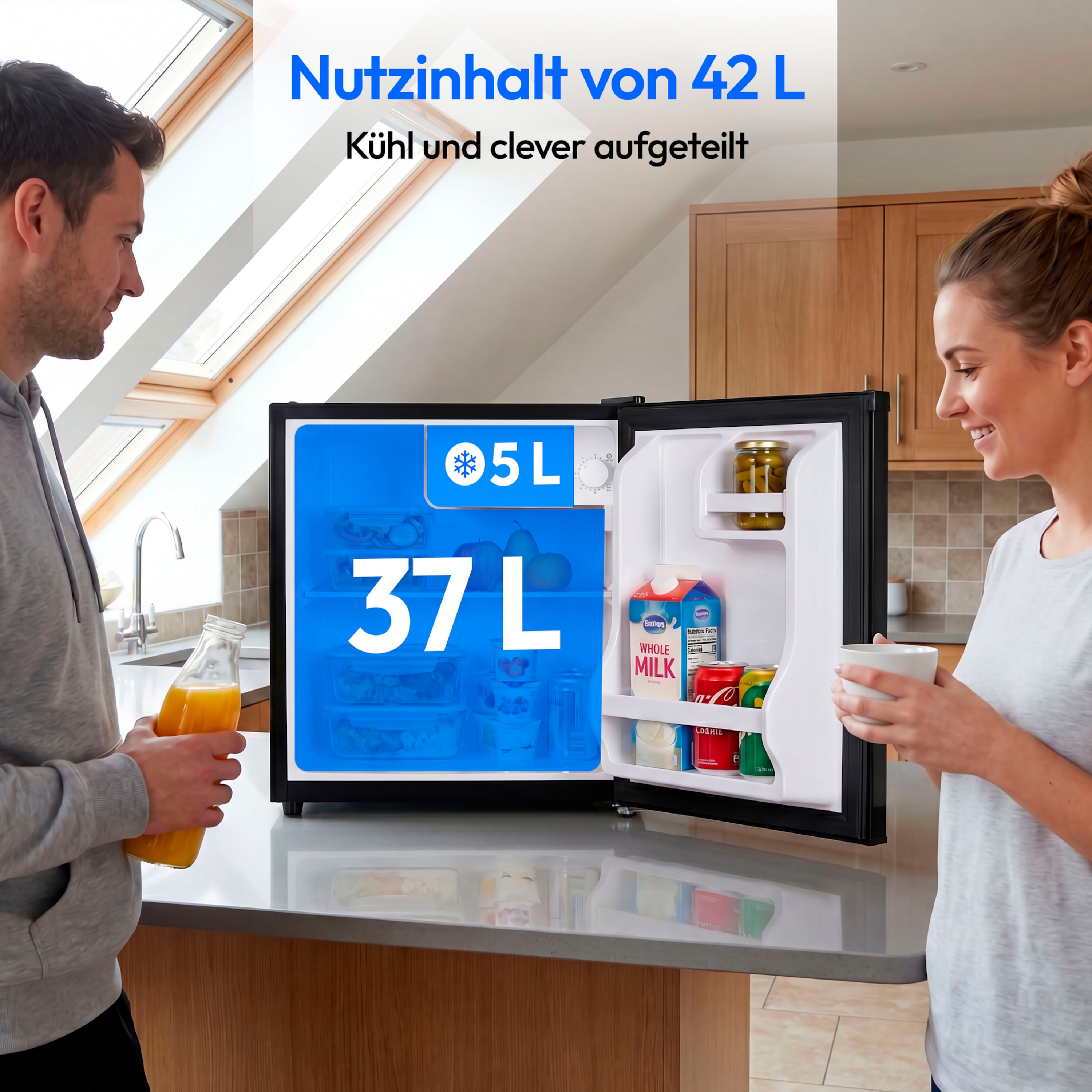 MEDION® LIFE Mini-Kühlschrank mit Eisfach und Schloss MD370001, 42 L Gesamtnutzinhalt (Kühlteil 37 L & Eisfach 5 L), wechselbarer Türanschlag, Schloss, geringer Geräuschpegel