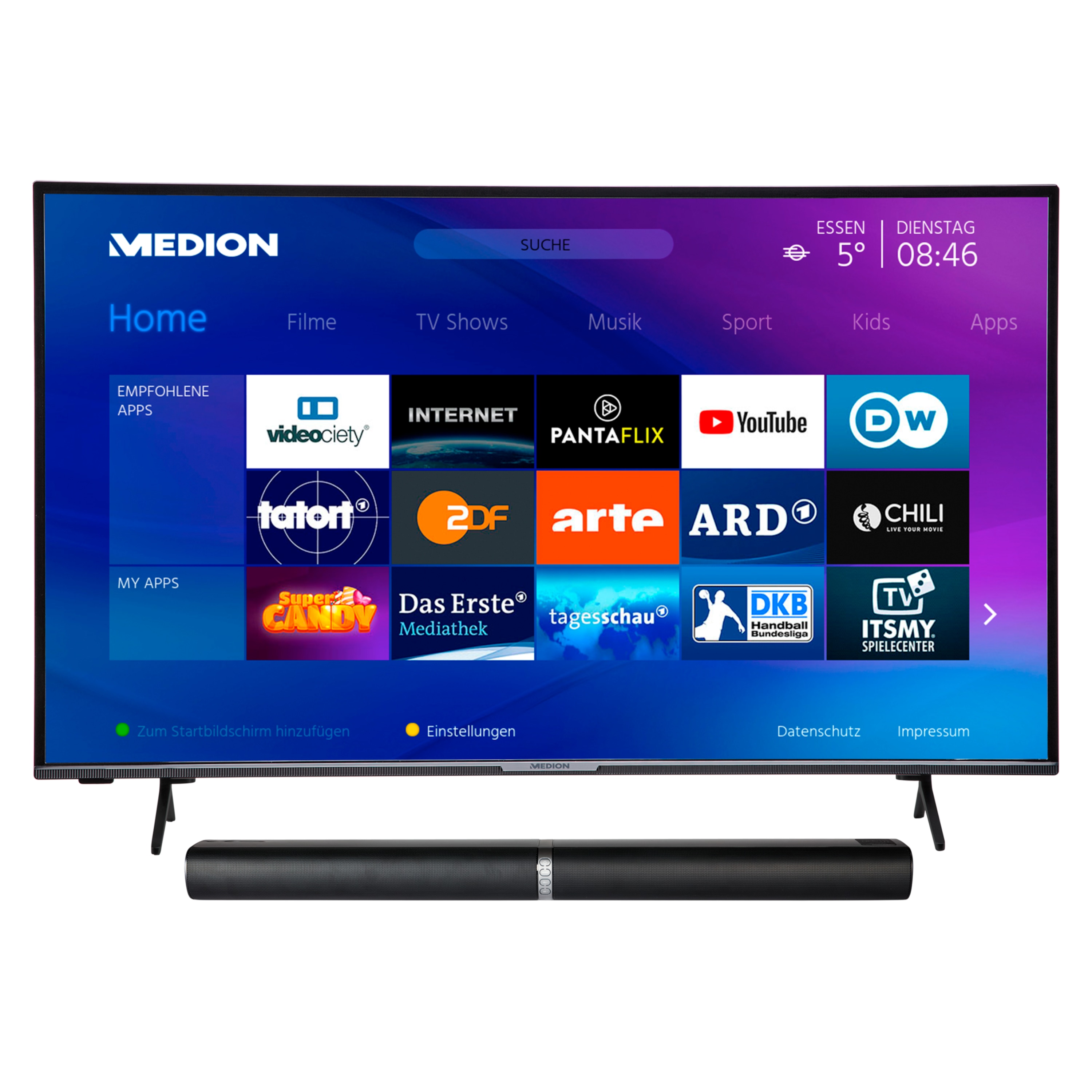 MEDION® LIFE® X15509 (MD 31243) 138,8 cm (55'') Ultra HD Smart-TV + P61202 TV-Soundbar mit Bluetooth® - ARTIKELSET