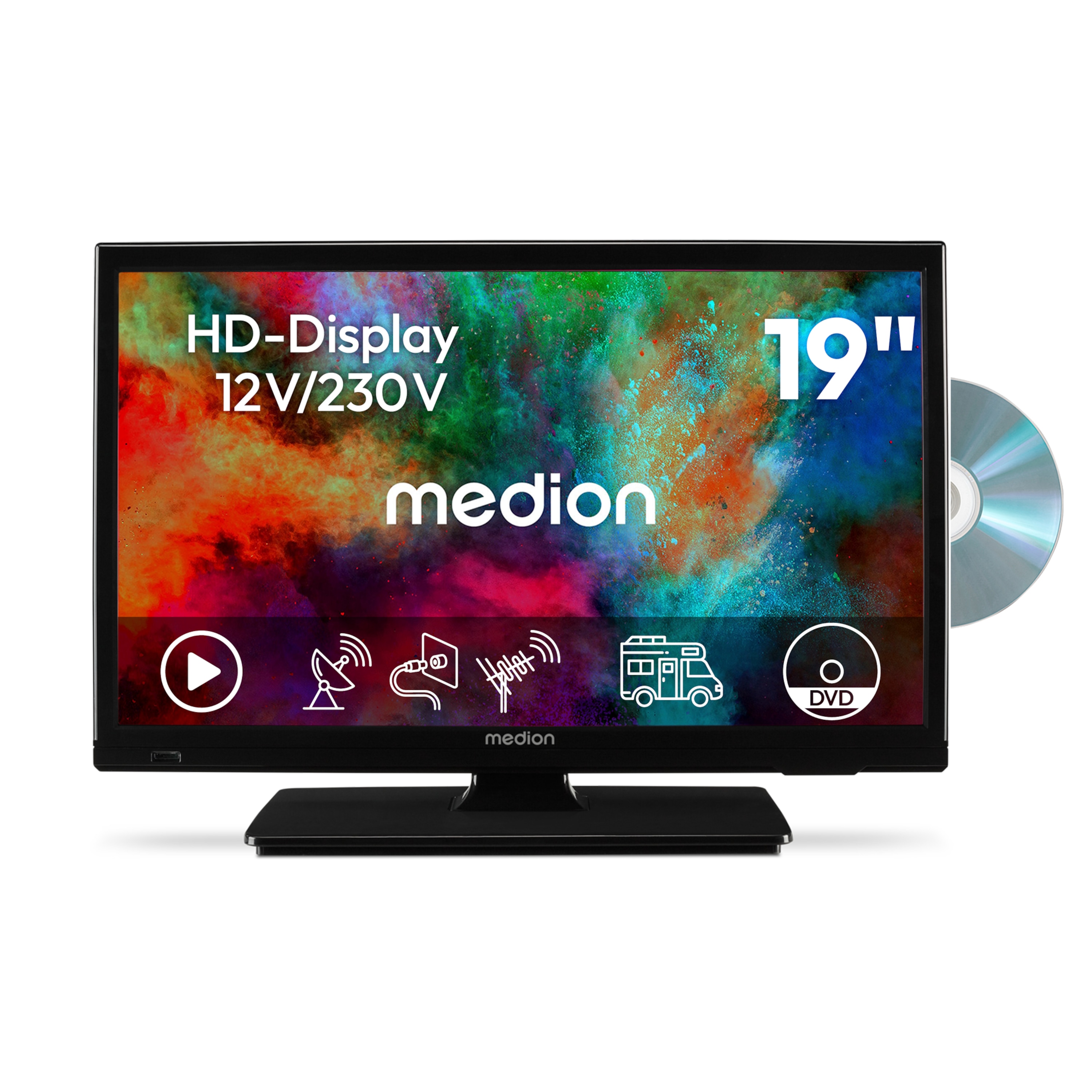 MEDION MD 819001 Fernseher (2026), 47 cm (19'') LCD-TV, HD Triple Tuner, integrierter DVD-Player, Car-Adapter, CI+ Schnittstelle