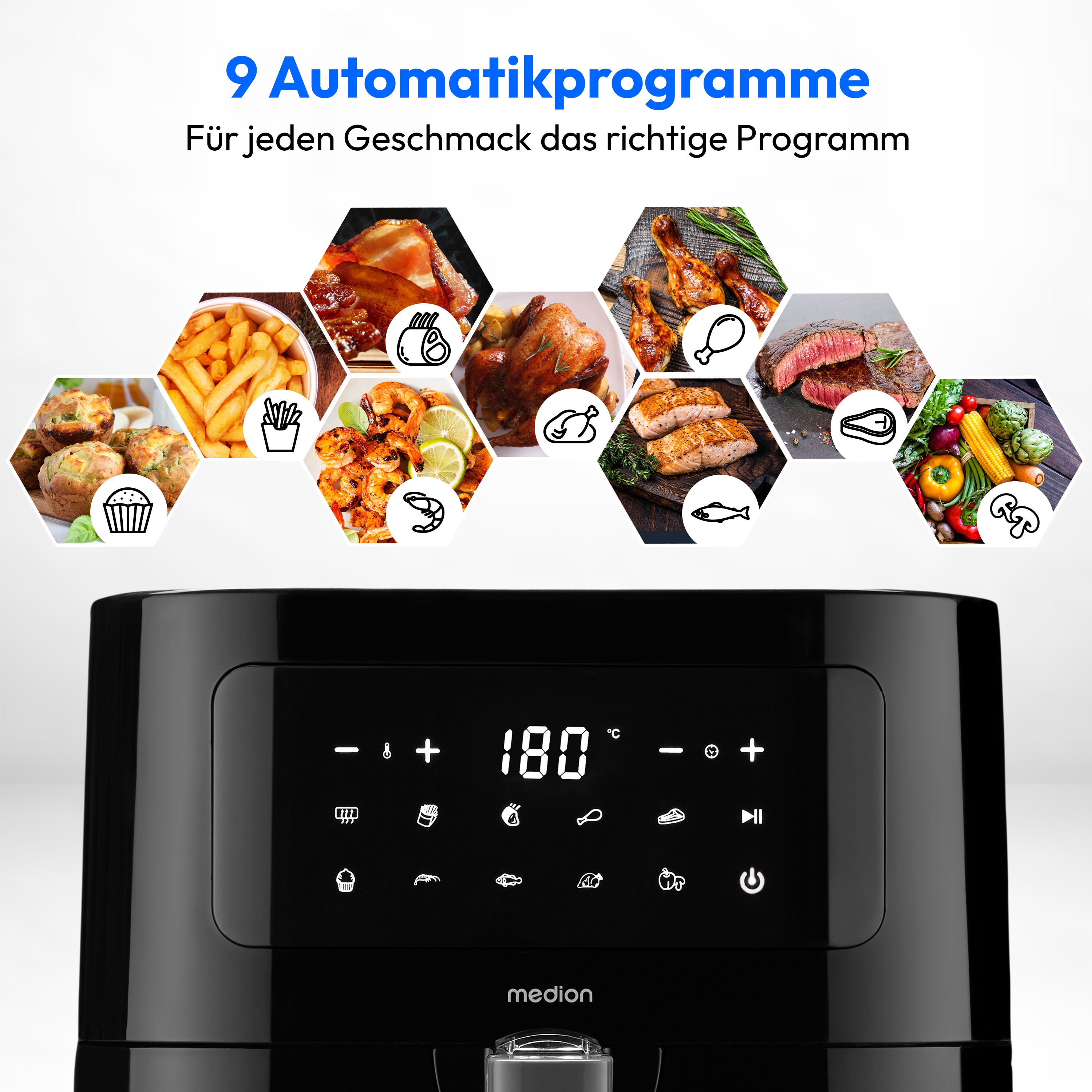 MEDION® LIFE® E40 XL Heißluftfritteuse MD 11740, 100 Rezepte in der Life+ App, ölfreies Frittieren, 9 Automatikprogramme, 5,2 L Korbvolumen
