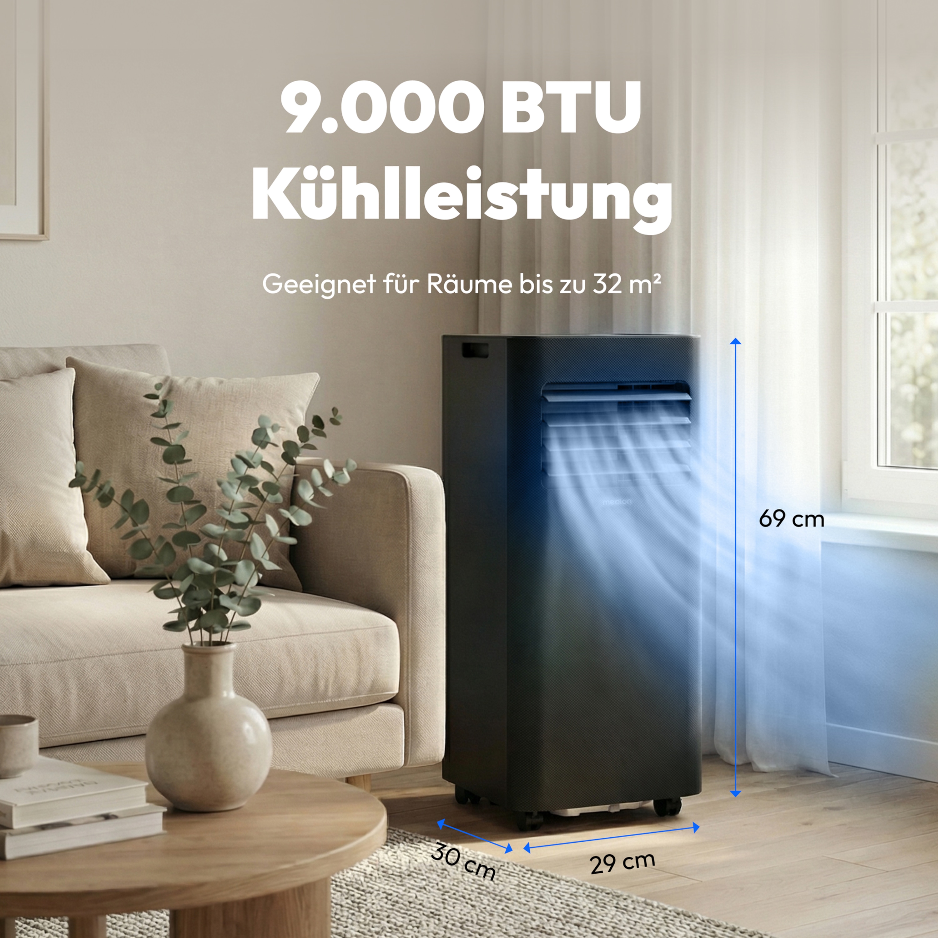 MEDION® LIFE E902 Klimaanlage (MD 100137), Kühlen, Entfeuchten und Ventilieren, Kühlleistung 9.000 BTU, Auto-Swing-Funktion, Kühlmittel R290, max. 32m², mit Fernbedienung, Inkl. Fenster-Kit