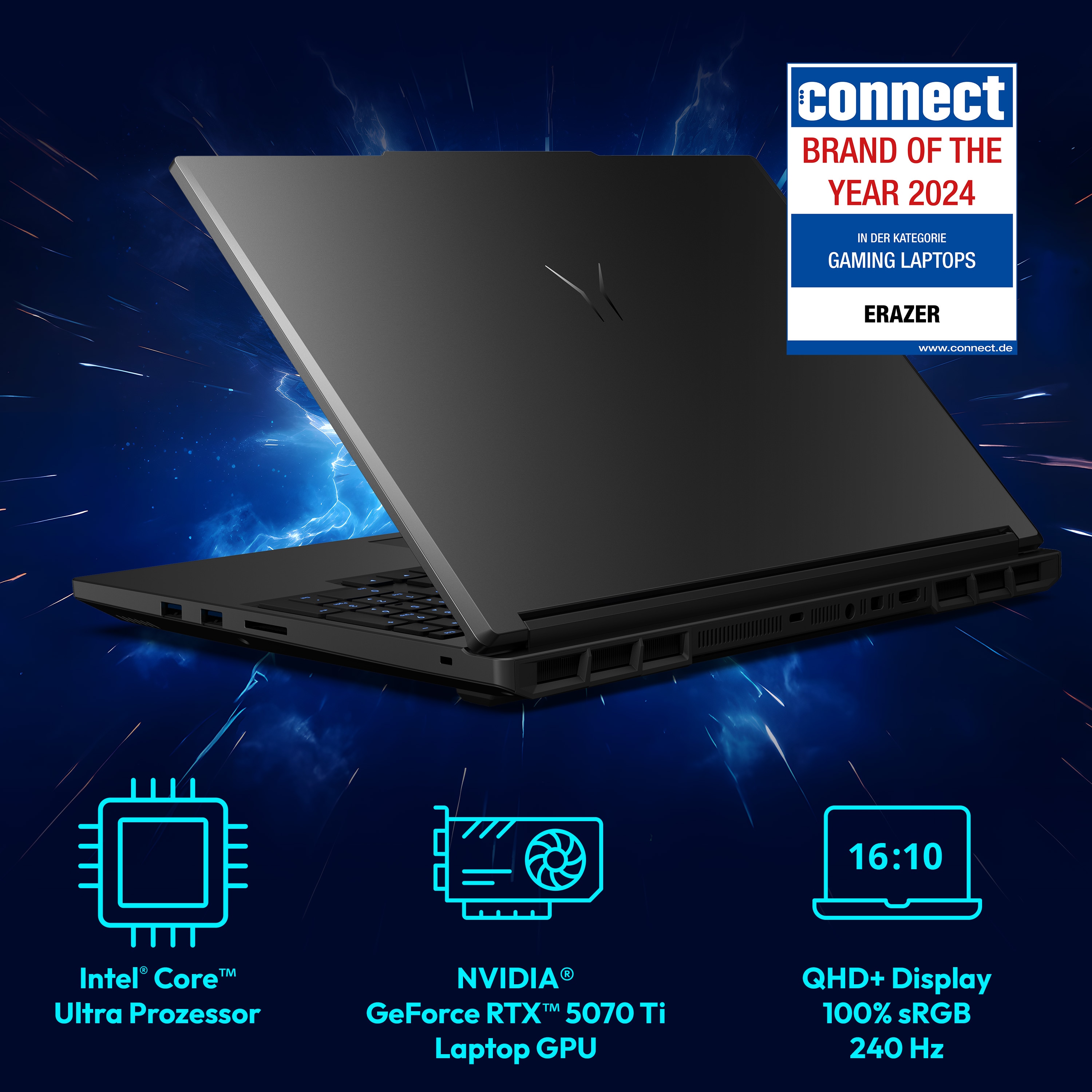 MEDION® ERAZER Major 16 X1 High-End Gaming Laptop, Intel® Core™ Ultra 7 Prozessor 255HX, Windows 11 Home, 40,6 cm (16”) QHD+ Display 100% sRGB mit 300 Hz, RTX 5070 Ti, 2 TB PCIe SSD, 32 GB RAM