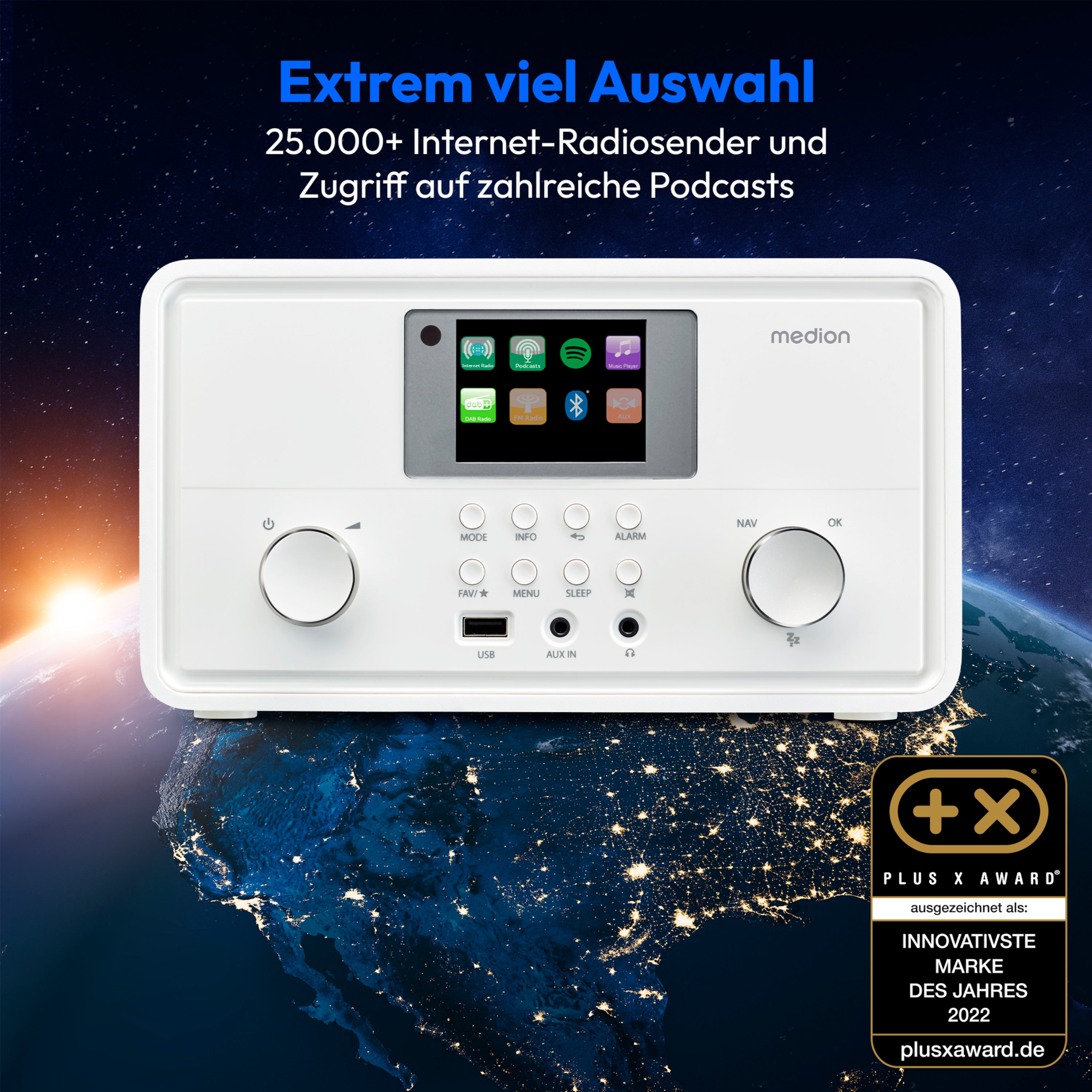 MEDION® LIFE® P85027 Stereo Internetradio, 7,1 cm (2,8'') TFT-Display, 25.000+ Internetradiosender & zahlreiche Podcasts, DAB+/UKW-Radio, Bluetooth®, Spotify®-Connect, WLAN, 2 x 10 W RMS
