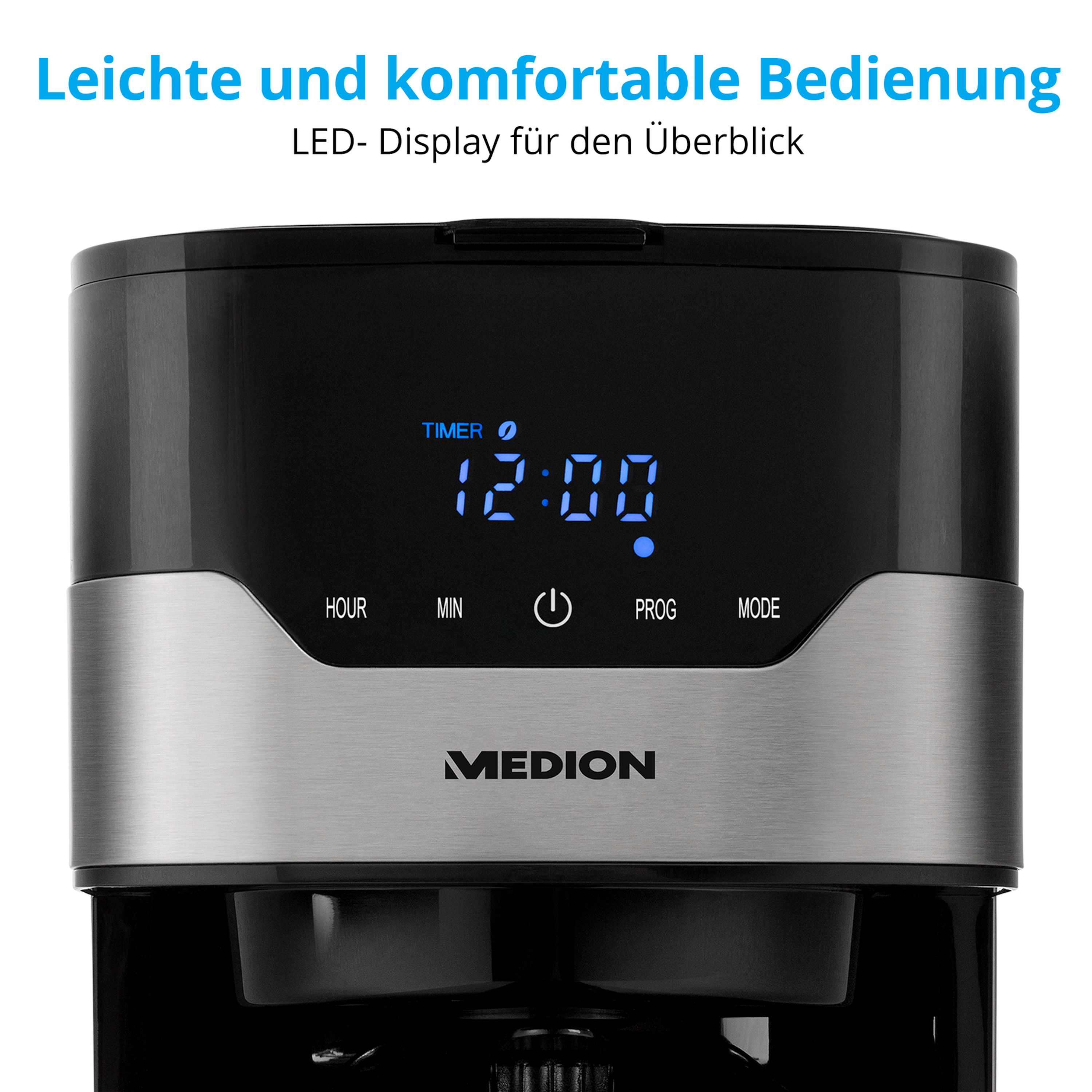 MEDION® LIFE® Kaffeemaschine mit Thermoskanne MD 18458, Timer-Funktion, Tropf-Stopp, 900 Watt, 1,1 Liter Fassungsvermögen, Aromawahlschalter