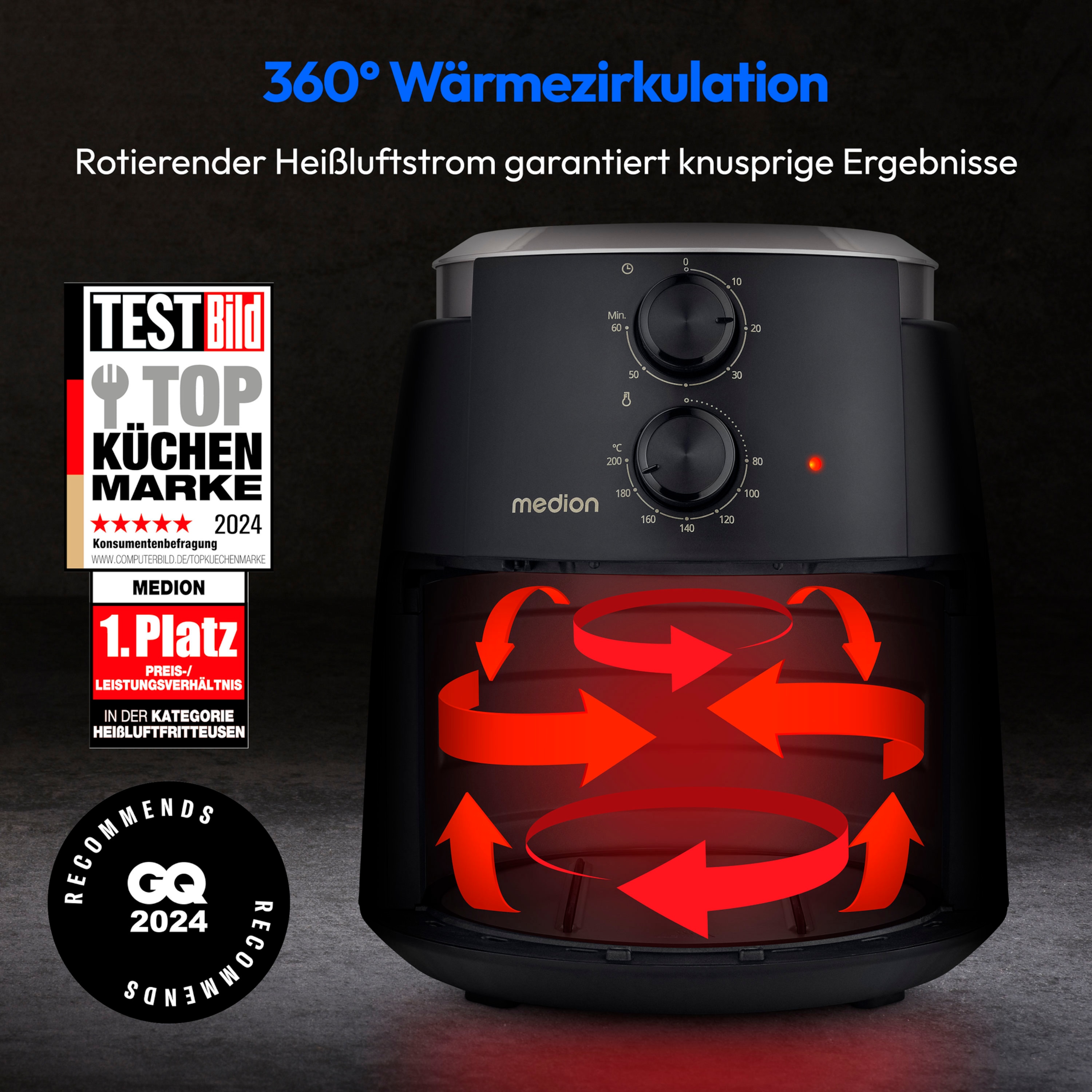MEDION® LIFE Heißluftfritteuse P30 L (MD13020), 100 Rezepte in der Life+ App¹, 4,7 Liter Fassungsvermögen, 1.500 Watt, 60 min. Timer