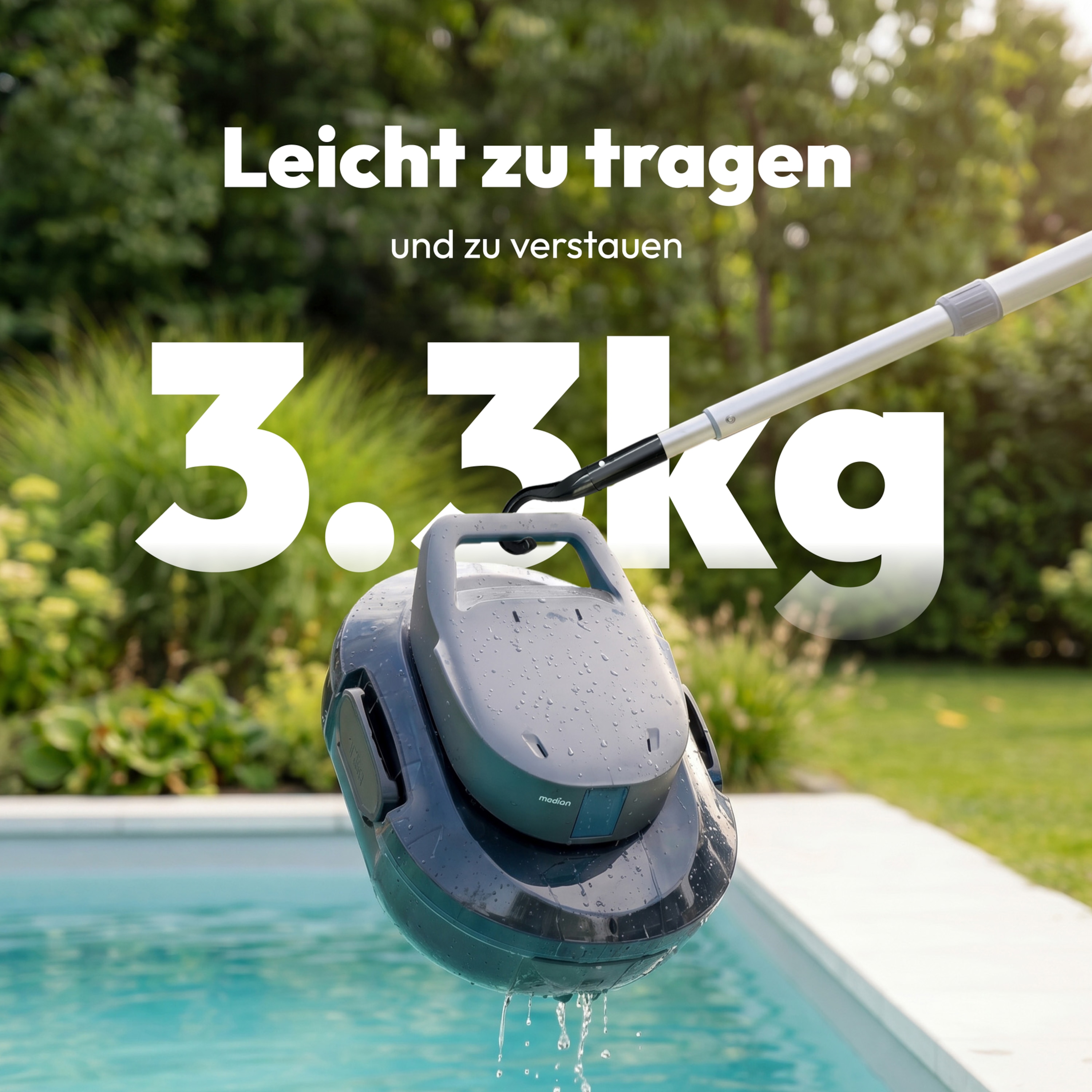 MEDION® LIFE PR1 Poolroboter (MD 100108), Bodenreinigung für Pools, One-Click-Bedienung, Selbstparkfunktion, 120 Min Akkulaufzeit, 2,2 L Filterkapazität, für 80–100 m², inkl. Ladegerät und Haken