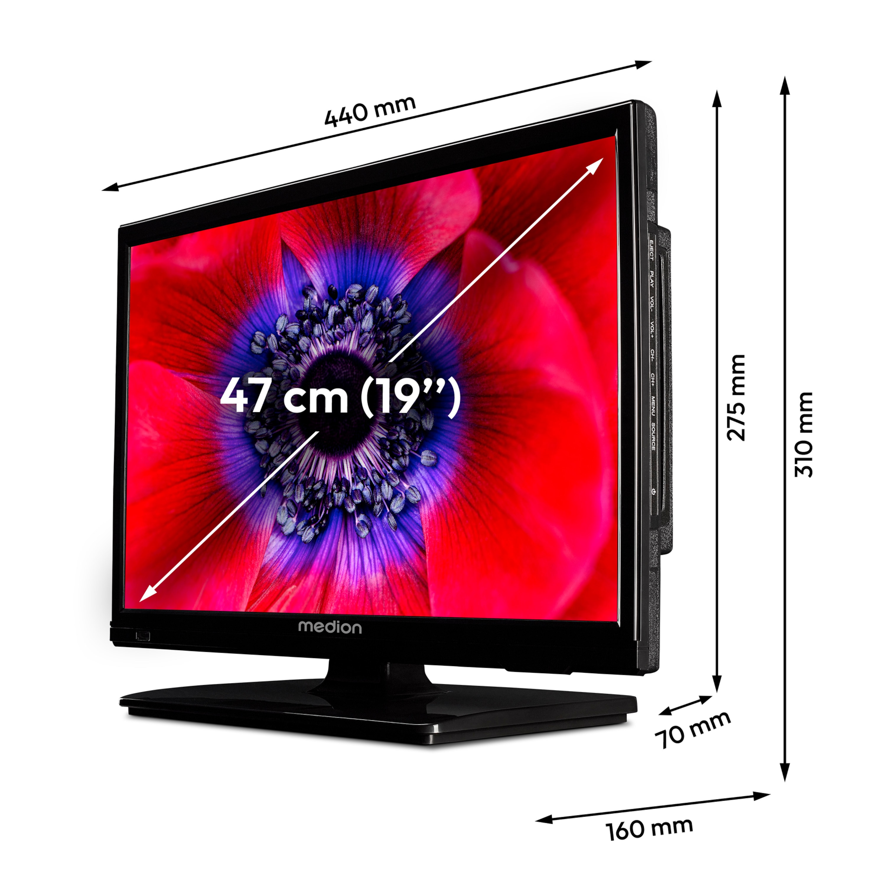 MEDION® LIFE E8192501 (MD 819001) Fernseher, 47 cm (19'') LCD-TV, HD Triple Tuner, integrierter DVD-Player, Car-Adapter, CI+ Schnittstelle