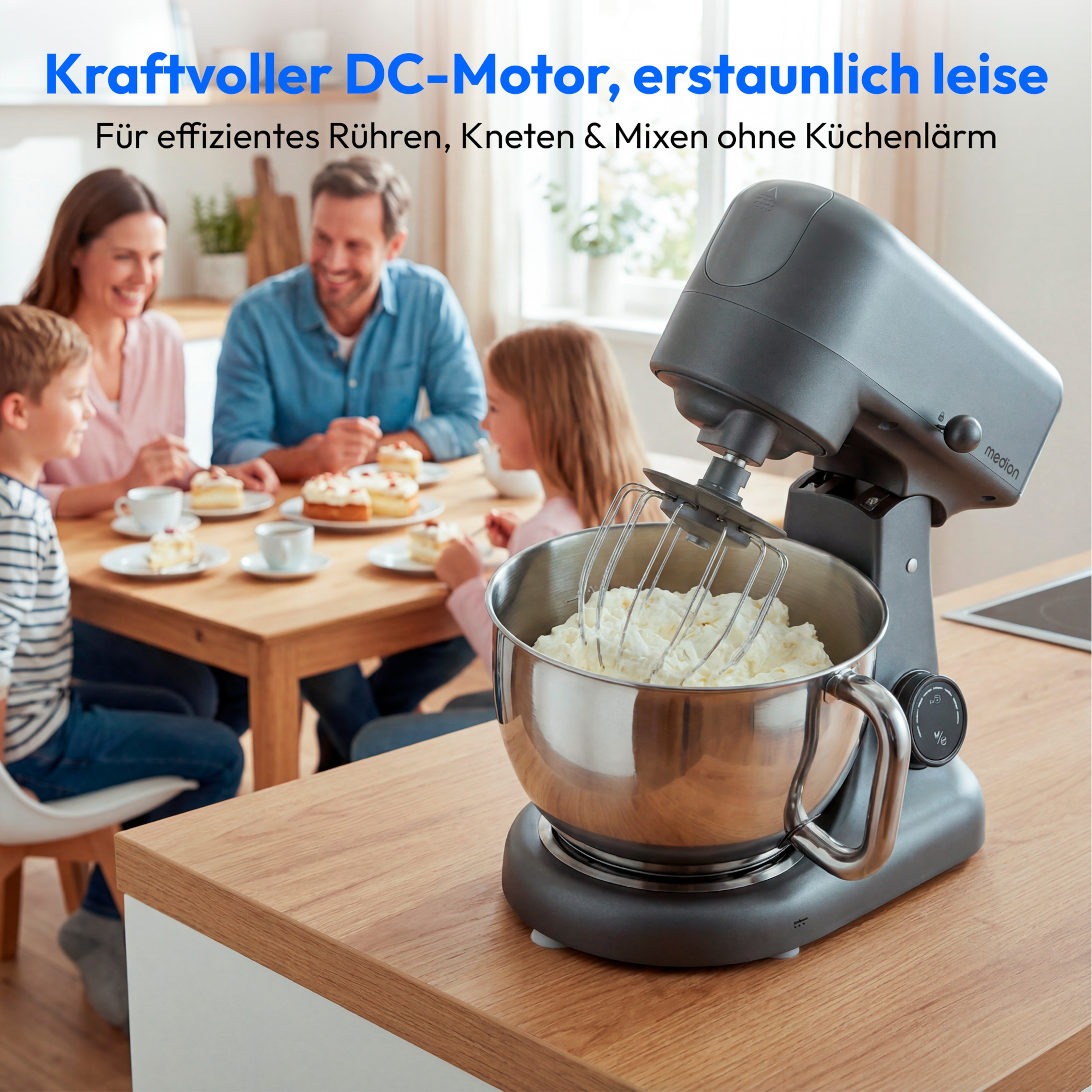 MEDION® LIFE Digitale Küchenmaschine MD12600 titan, 800 W Gleichstrommotor, Energiesparend, Ultraleise, Digitales Sensor-Touch-Display, 4,6 L Edelstahlschüssel, Inkl. Fleischwolf