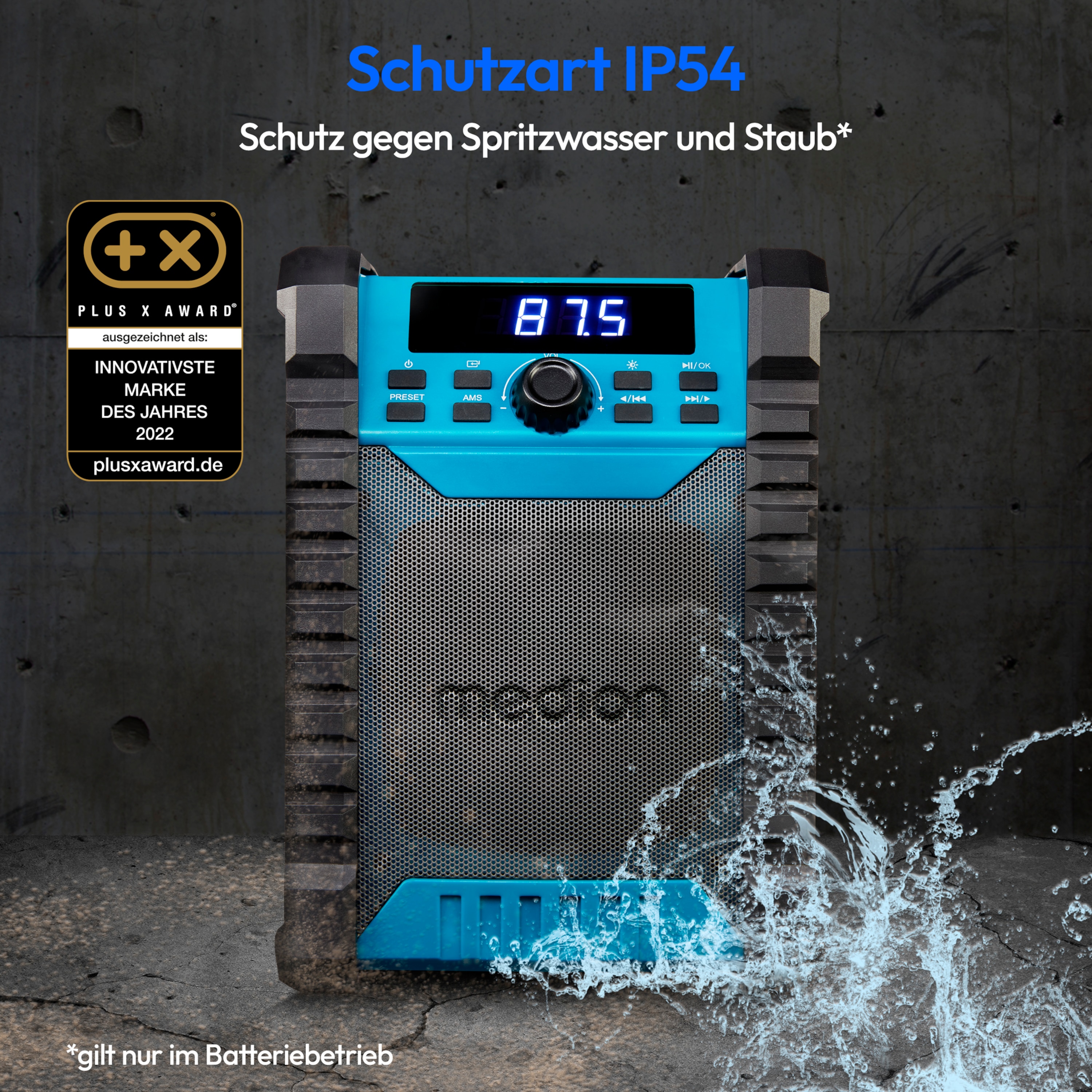 MEDION® LIFE® E65895 Baustellenradio, PLL-UKW Radio, Bluetooth® 5.4, spritzwassergeschützt (IP54), robustes Gehäuse, 10 W RMS