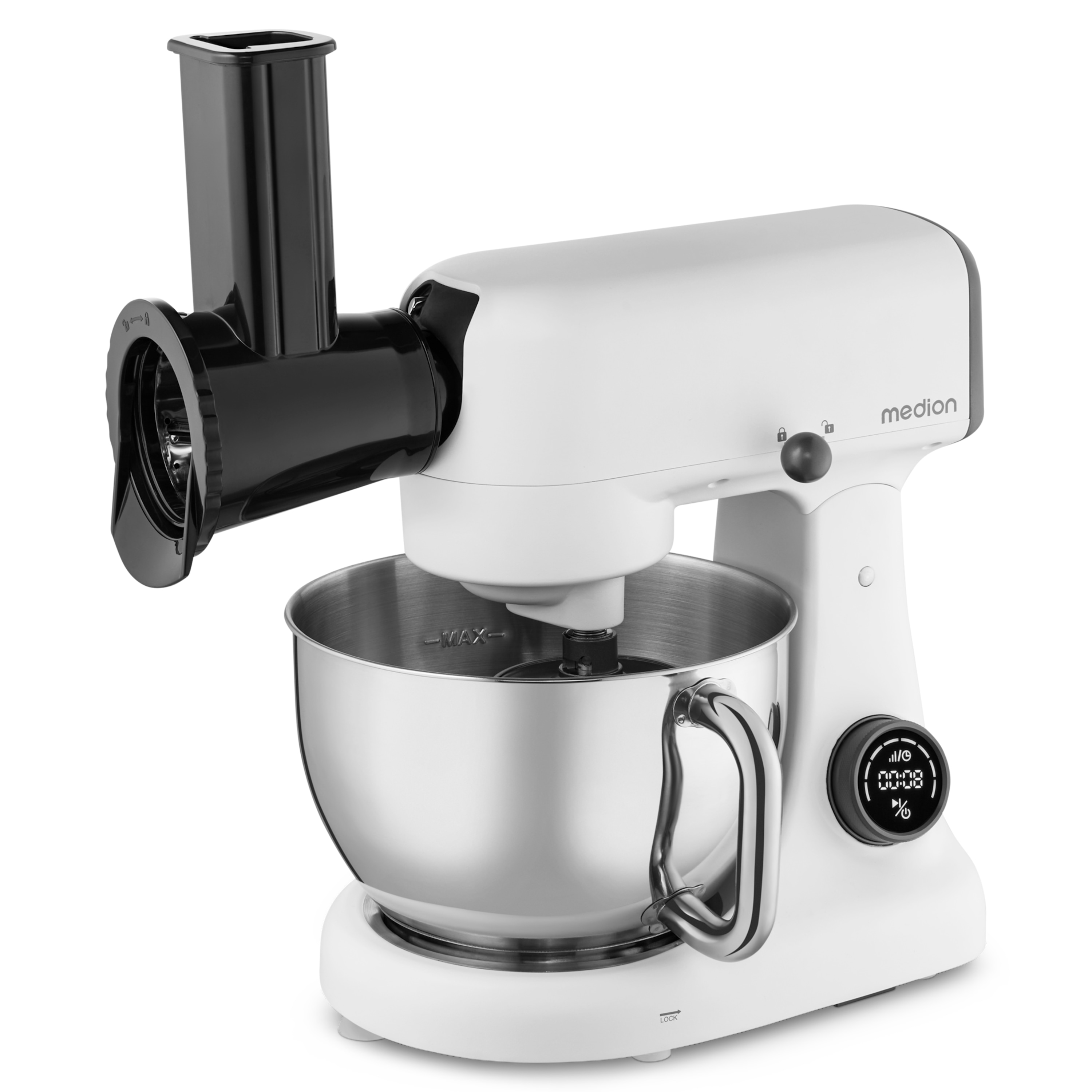 MEDION® LIFE Digitale Küchenmaschine MD12600, 800 W Gleichstrommotor, Energiesparend, Ultraleise, Digitales Sensor-Touch-Display, 4,6 L Edelstahlschüssel, Inkl. Fleischwolf