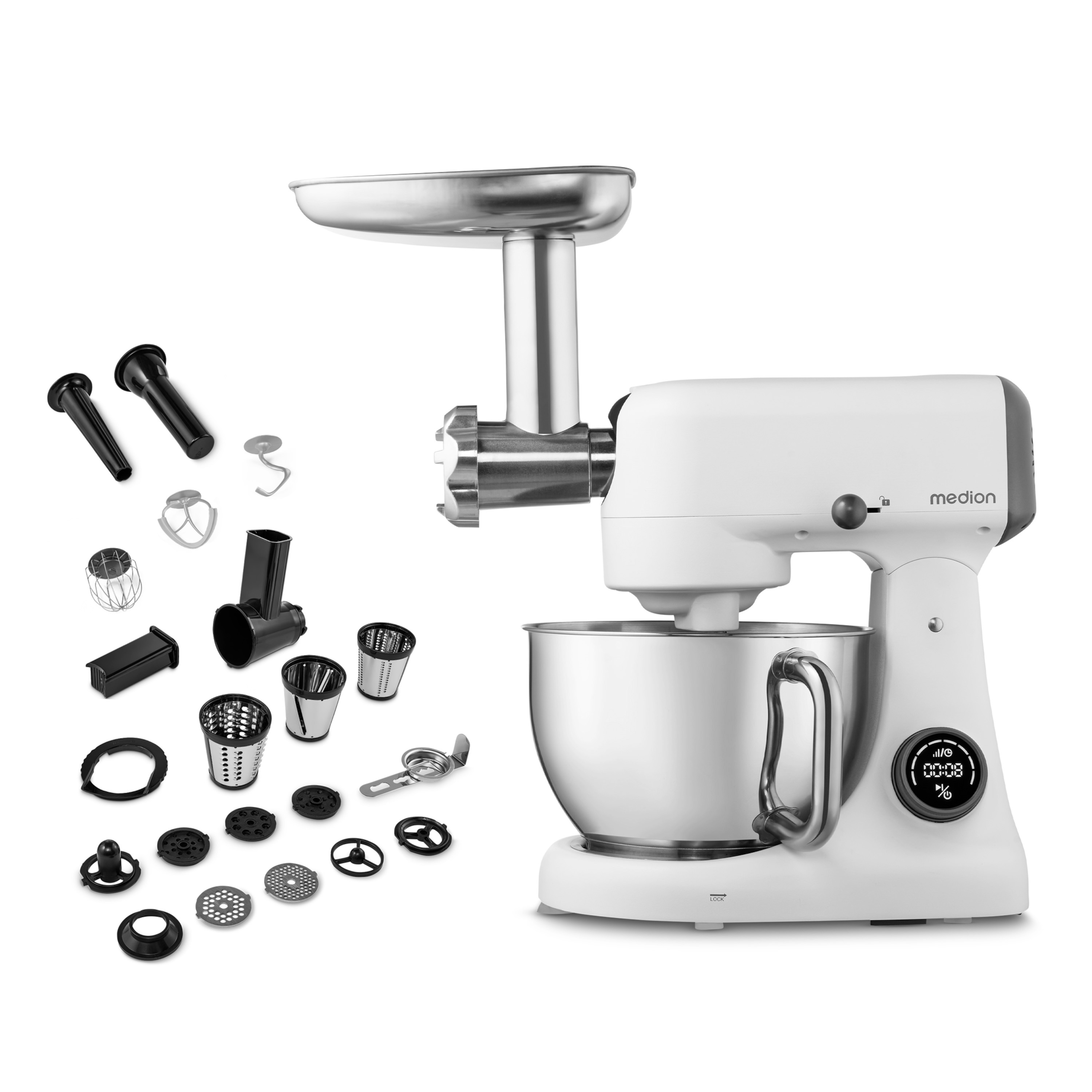 MEDION® LIFE Digitale Küchenmaschine MD12600, 800 W Gleichstrommotor, Energiesparend, Ultraleise, Digitales Sensor-Touch-Display, 4,6 L Edelstahlschüssel, Inkl. Fleischwolf