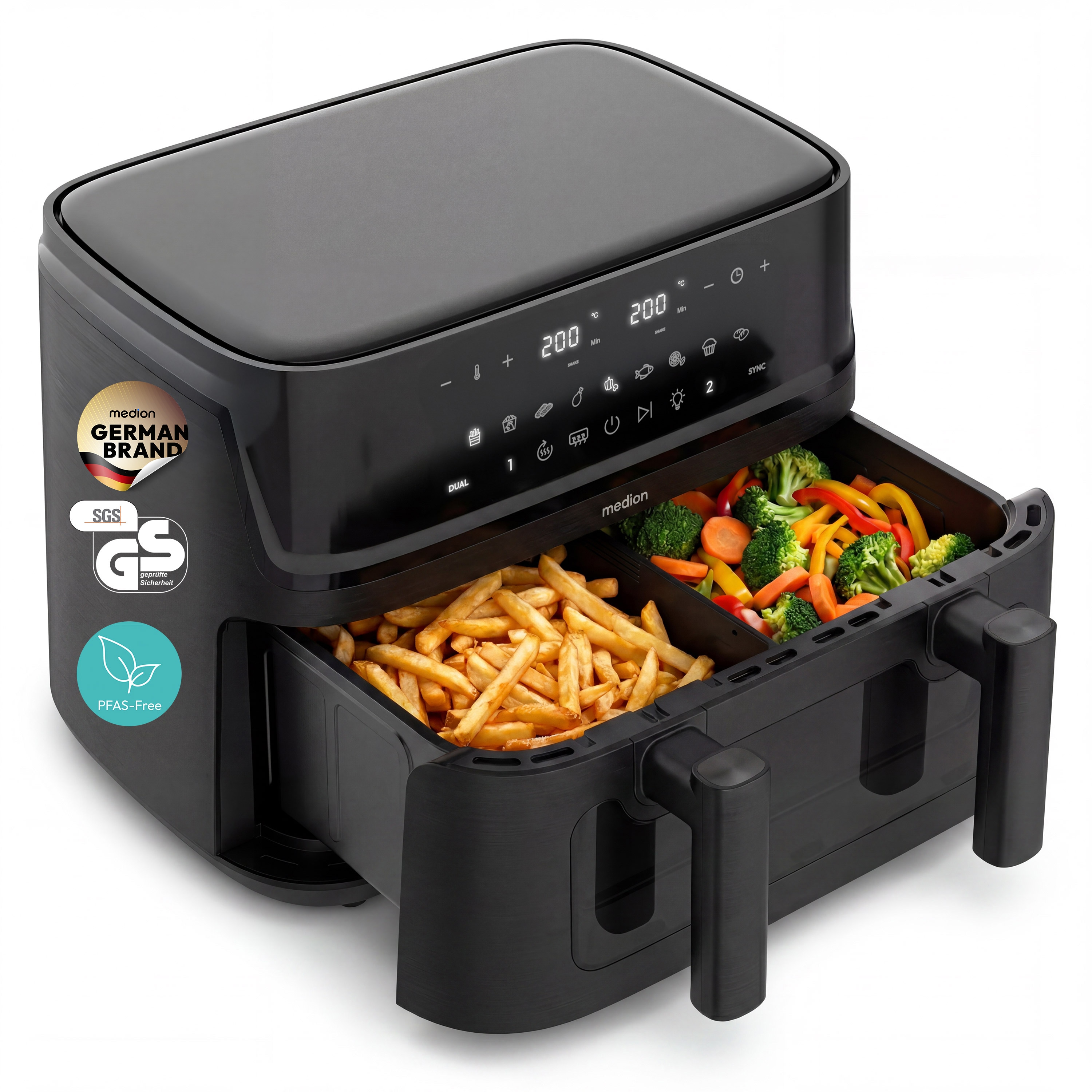 MEDION® LIFE® P25 XXL Flex M Heißluftfritteuse MD100057 schwarz, 100 Rezepte in der Life+ App, 2 separate Garzonen, 10 Automatikprogramme, 10,8 L Gesamt-Nutzinhalt, 3.040 Watt, Temperatur einstellbar bis 200 °C
