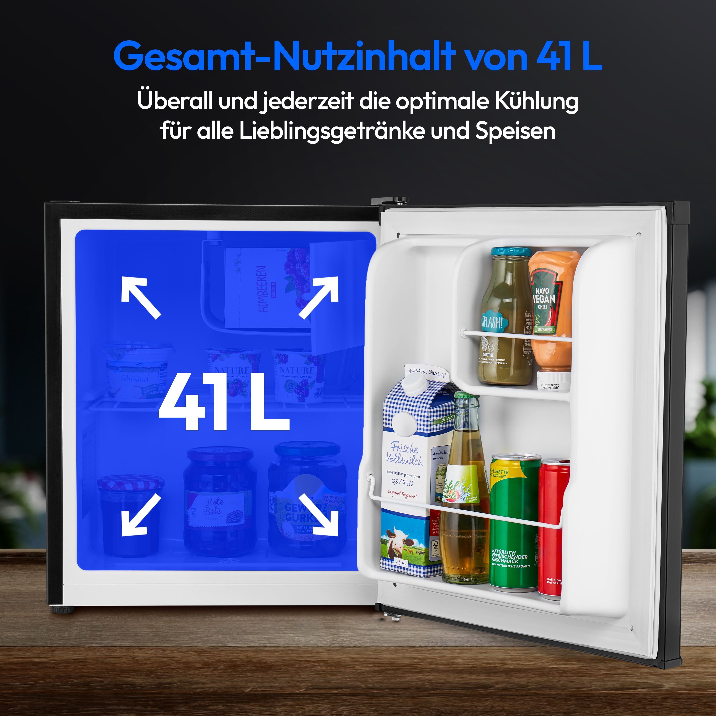 MEDION® LIFE® Mini-Kühlschrank MD 37724, 41 L Nutzinhalt, manuelle Temperatureinstellung, Geräuschpegel ca. 39 dB, eingelassener Türgriff