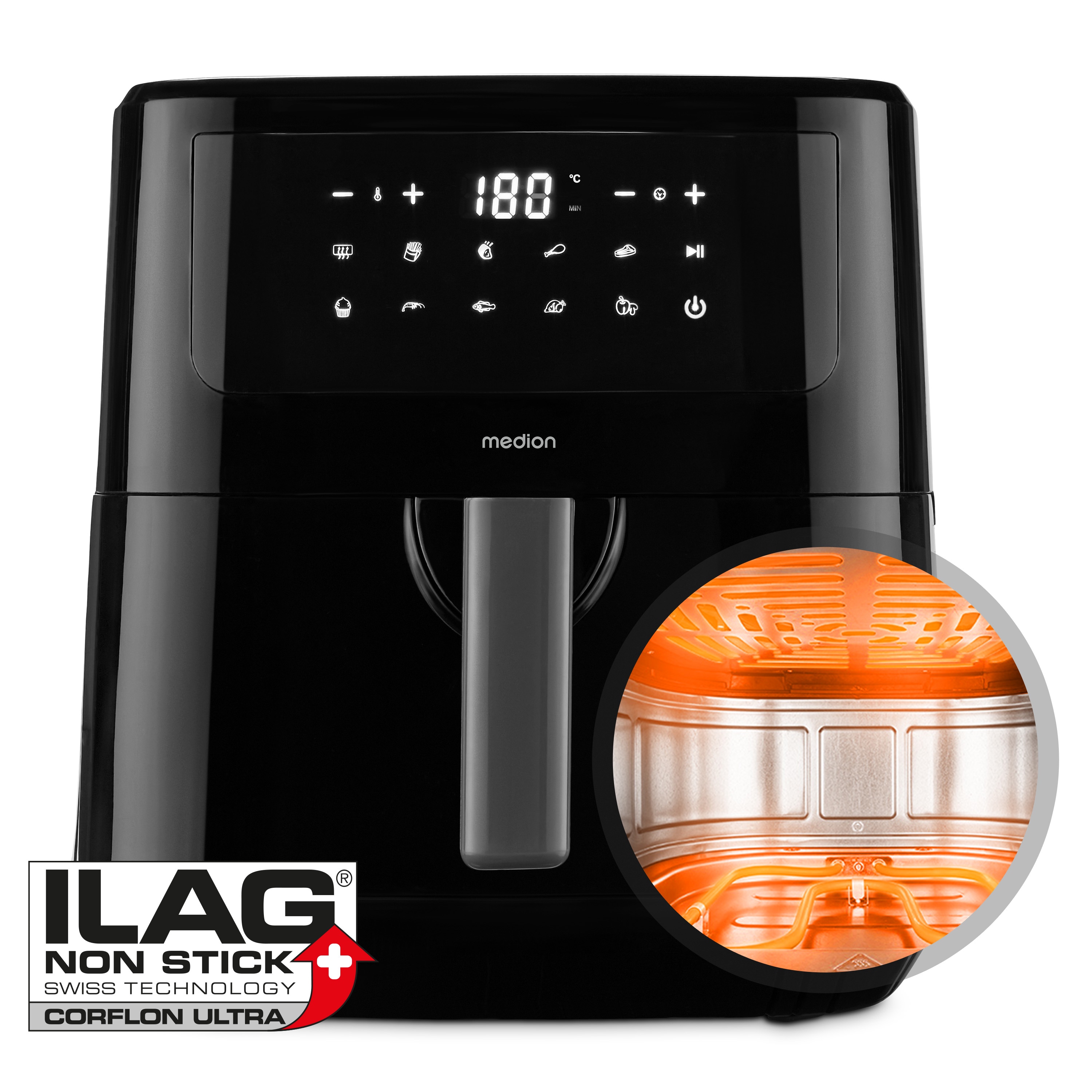 MEDION® LIFE® P10 XL Duo Heißluftfritteuse MD 11750, 100 Rezepte in der Life+ App, mit 2 Heizelementen, 2.150 W Gesamtleistung, ölfreies Frittieren, 9 Automatikprogramme, 6,8 L Nutzinhalt