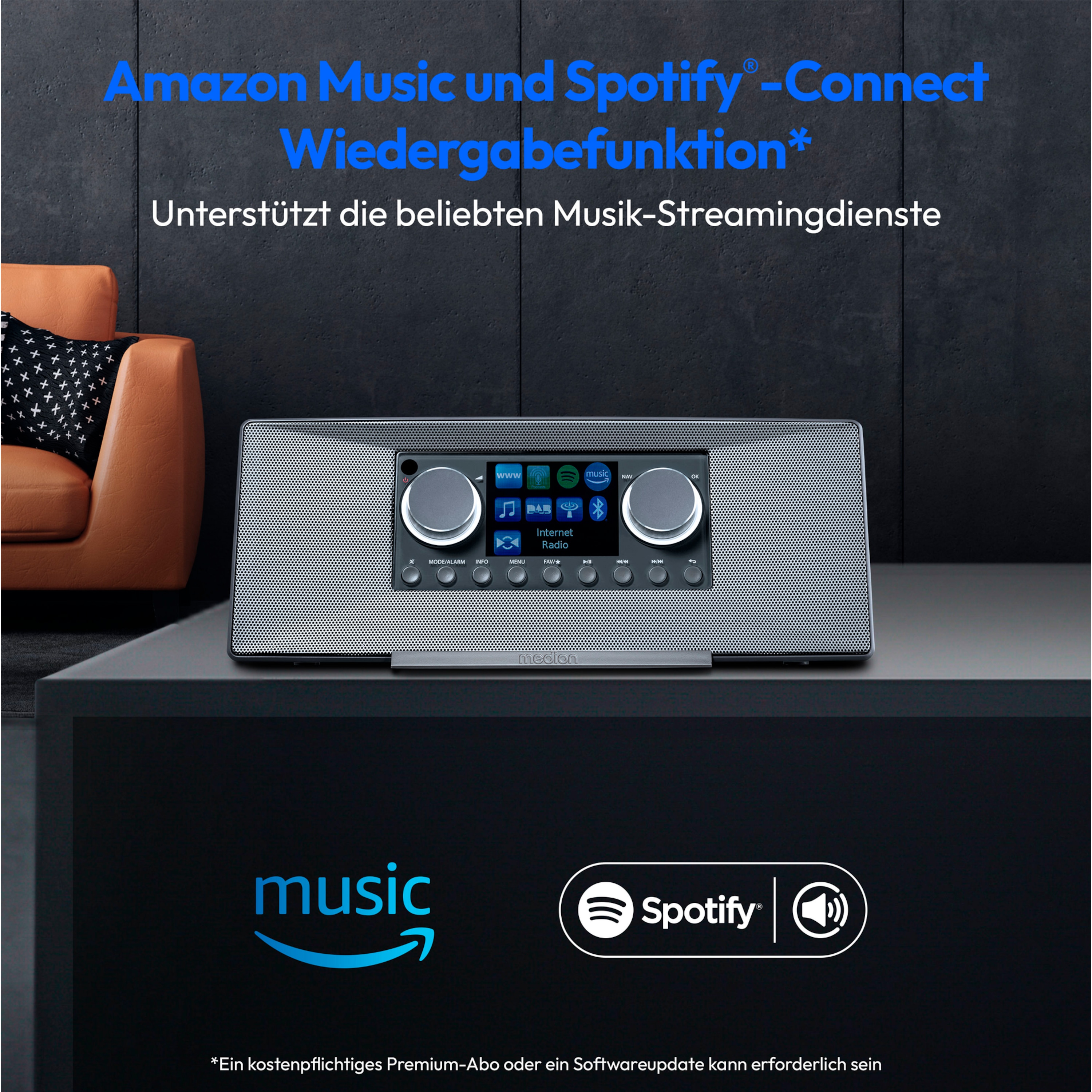MEDION® LIFE® P85333 Stereo Internetradio, 7,1 cm (2,8'') TFT-Farbdisplay, über 25.000 Internet-Radiosender & viele Podcasts empfangen, DAB+/UKW Radio, Wecker, WLAN, Bluetooth®, Amazon Music, Spotify®-Connect, 2 x 6 W RMS