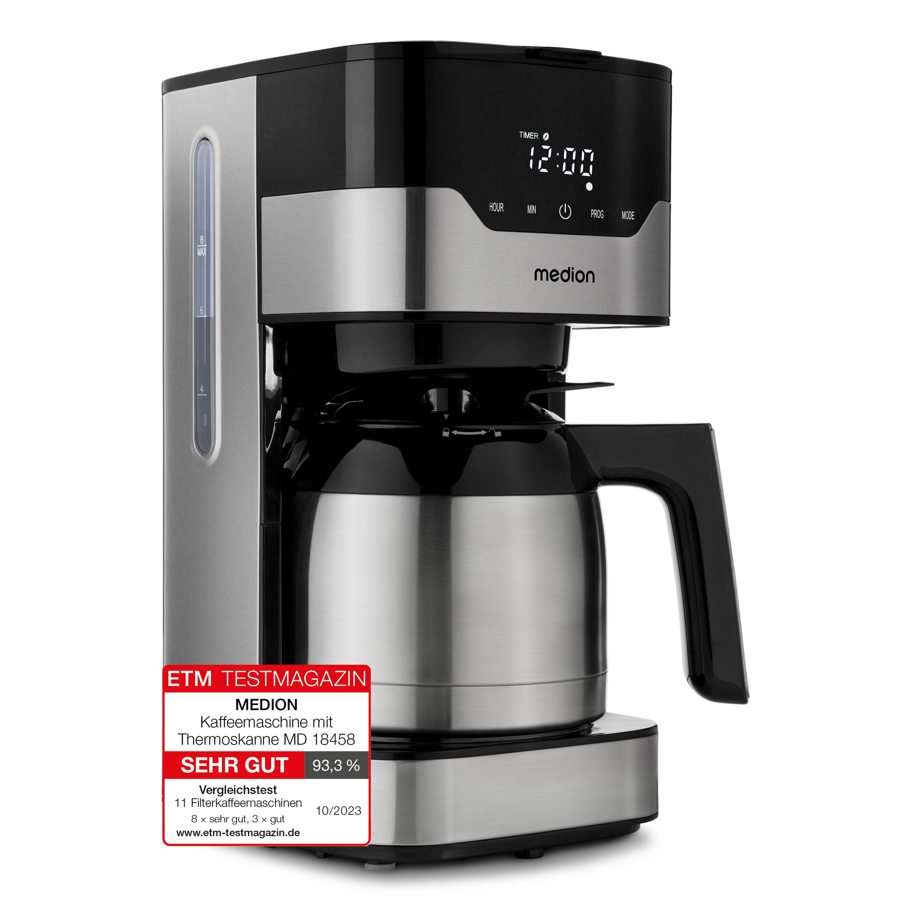 MEDION® LIFE® Kaffeemaschine mit Thermoskanne MD 18458, Timer-Funktion, Tropf-Stopp, 900 Watt, 1,1 Liter Fassungsvermögen, Aromawahlschalter