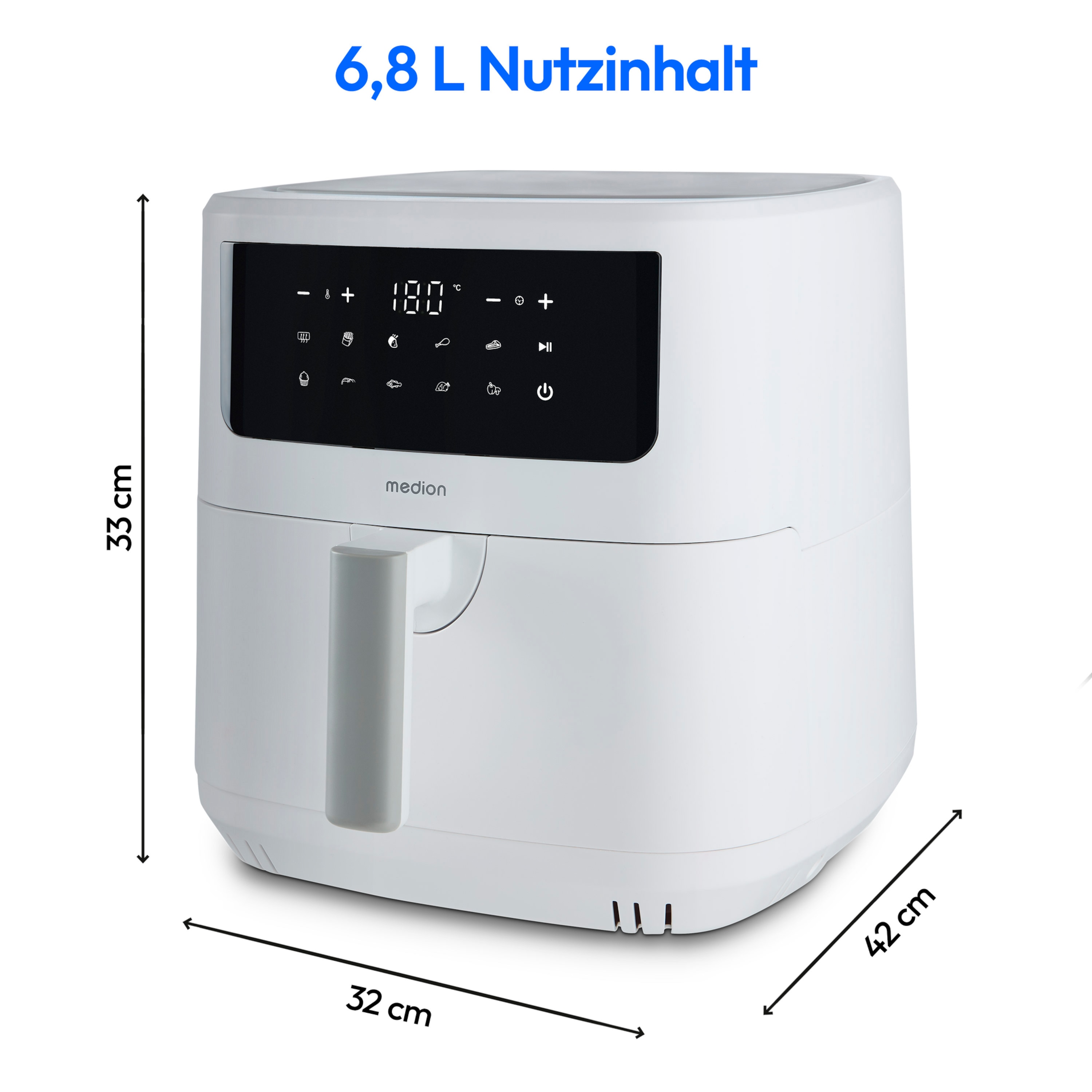 MEDION® LIFE® P10 XL Duo matt Heißluftfritteuse MD 11750, 100 Rezepte in der Life+ App, mit 2 Heizelementen, 2.150 W Gesamtleistung, ölfreies Frittieren, 9 Automatikprogramme, 6,8 L Nutzinhalt