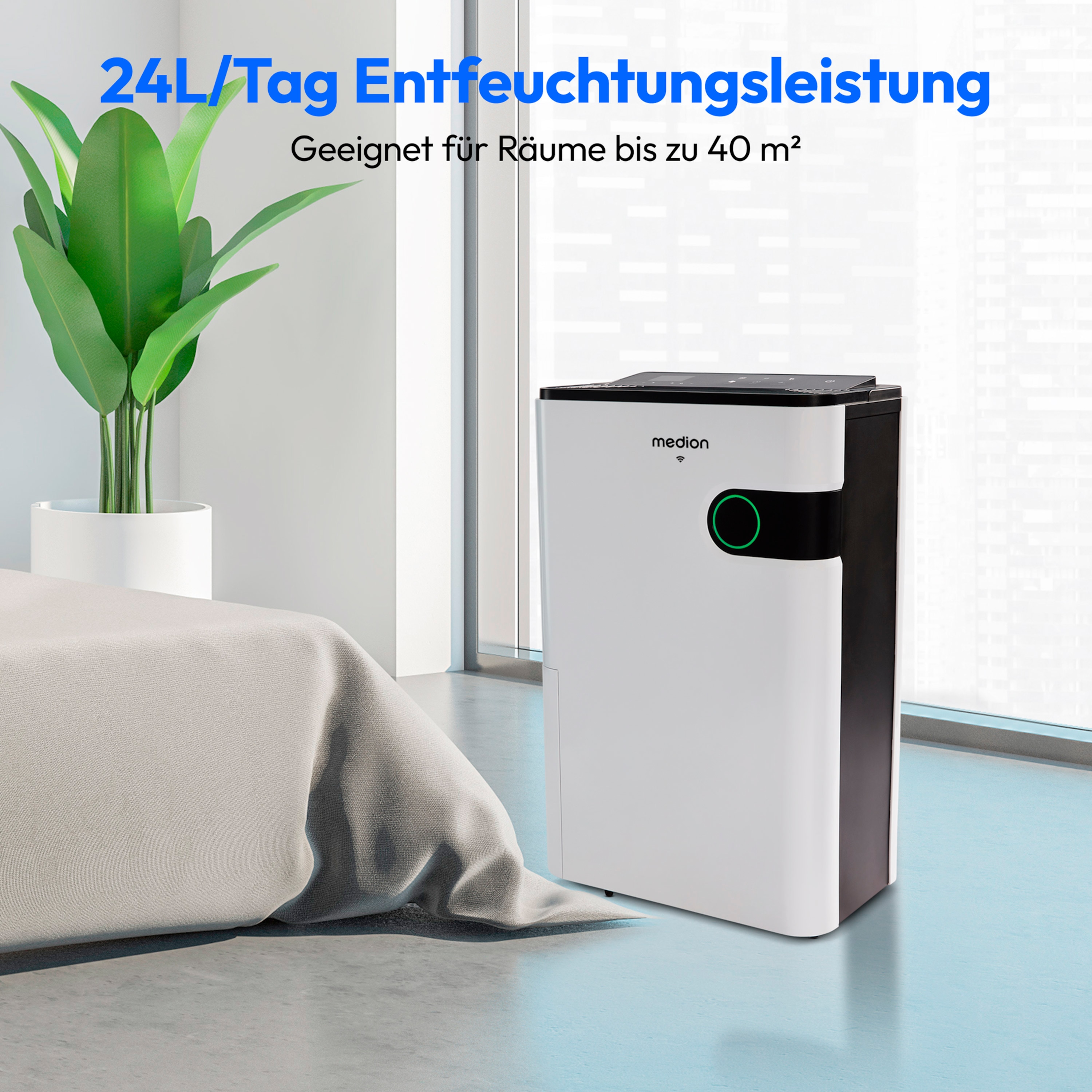 MEDION® Smarter Luftentfeuchter DH30 (MD12044), Steuerung per App, Leistung max. 280W, Volumen Wassertank ca. 5L, 2 Geschwindigkeitsstufen, Touch-Bedienung