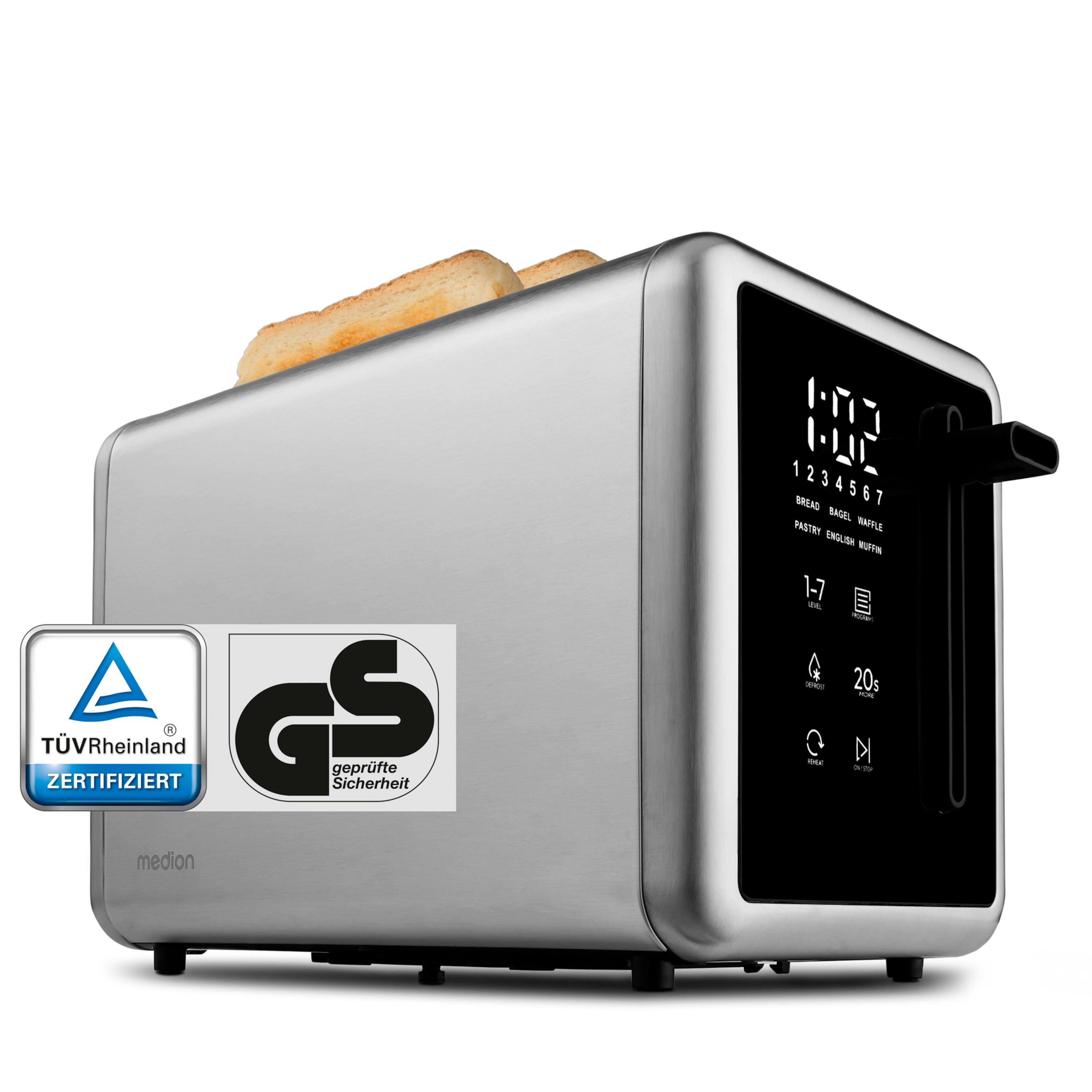 MEDION® MEDION LIFE Toaster MD12102, 2 Toastschlitze für zwei Toastscheiben, LED Sensor-Touch-Display für präzise Steuerung, 7 Bräunungsstufen und 5 Automatikprogramme
