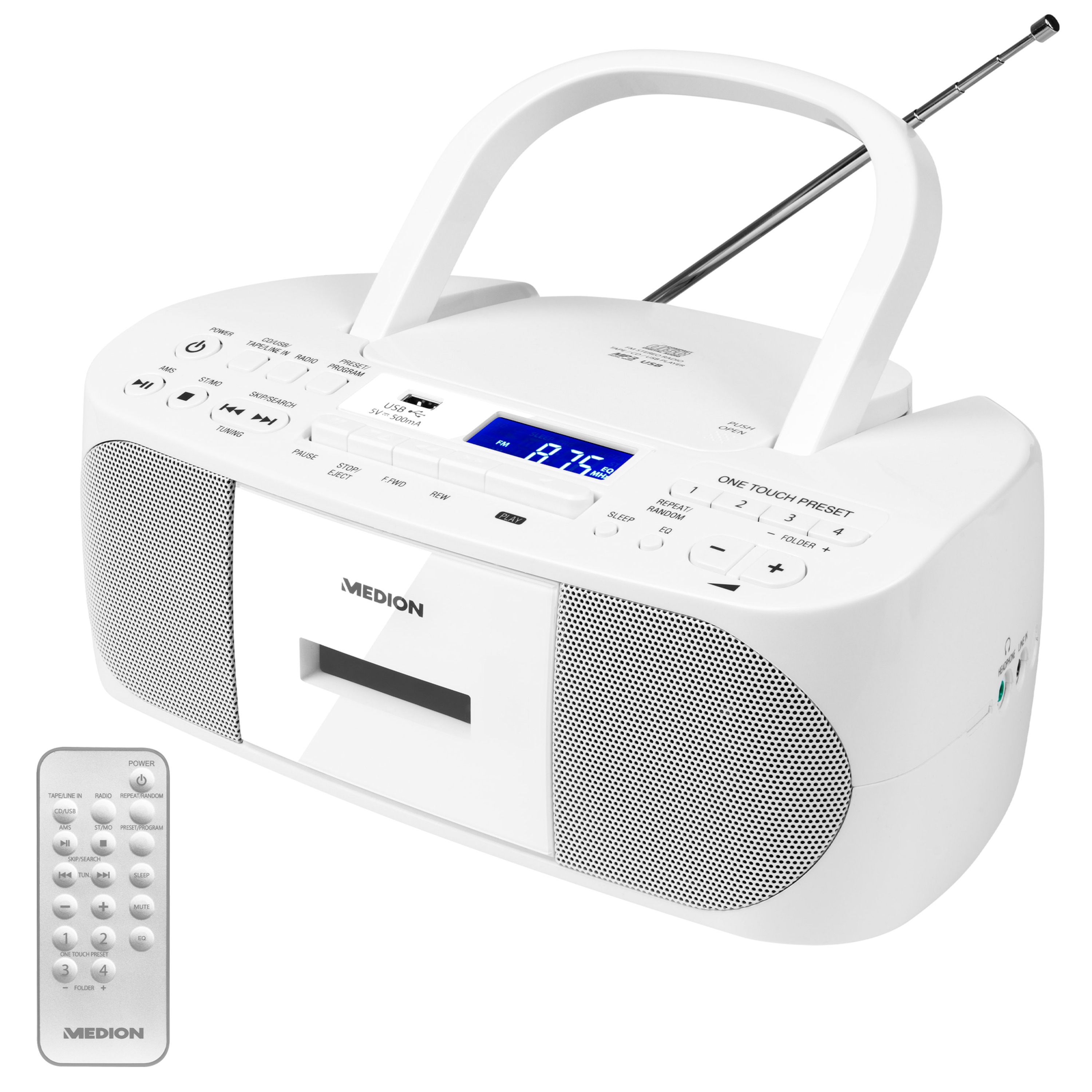 MEDION® LIFE® E64070, CD-Kassetten-Radio mit MP3-Wiedergabe, PLL-UKW Radio, USB Anschluss, CD-R/RW kompatibel, AUX, 2 x 30 W max. Musikausgangsleistung