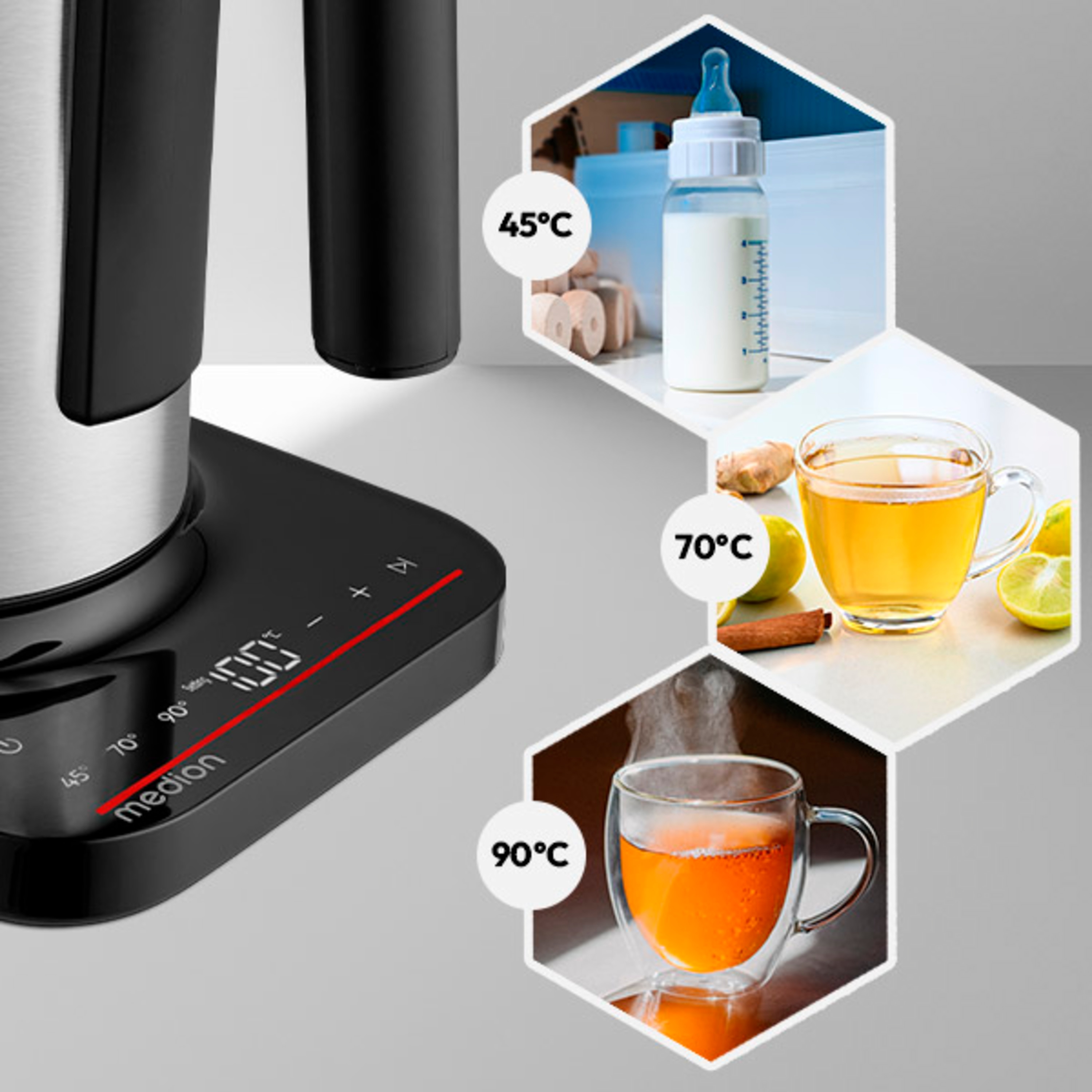 MEDION® LIFE Digitaler Wasserkocher MD12106, 2.200 Watt Leistung, 1,5 Liter Kapazität, LED-Display, LED-leuchtbalken, automatische Programme, Kindersicherung