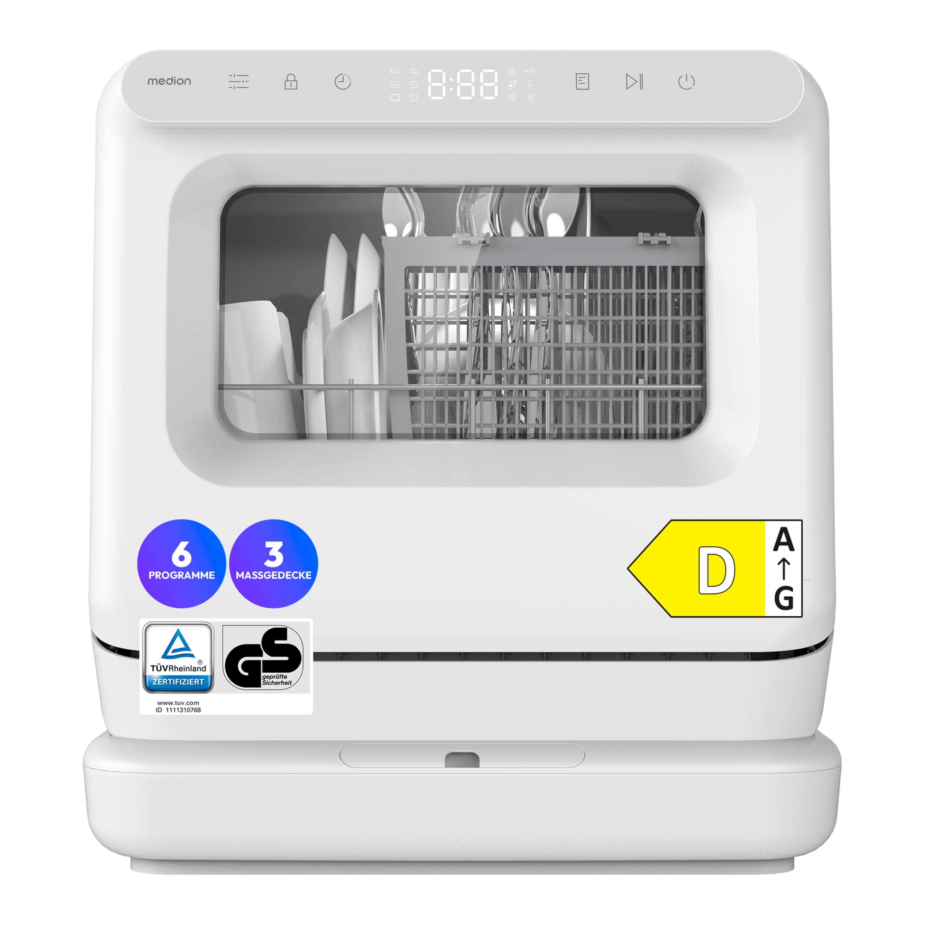 MEDION® LIFE Mini-Geschirrspüler DWT30 (MD370022), 3 Maßgedecke, 3-in-1 Betrieb mit Wassertank, 6 Programme, UV-Licht, Lüfter-Trocknung, LED-Touch-Display