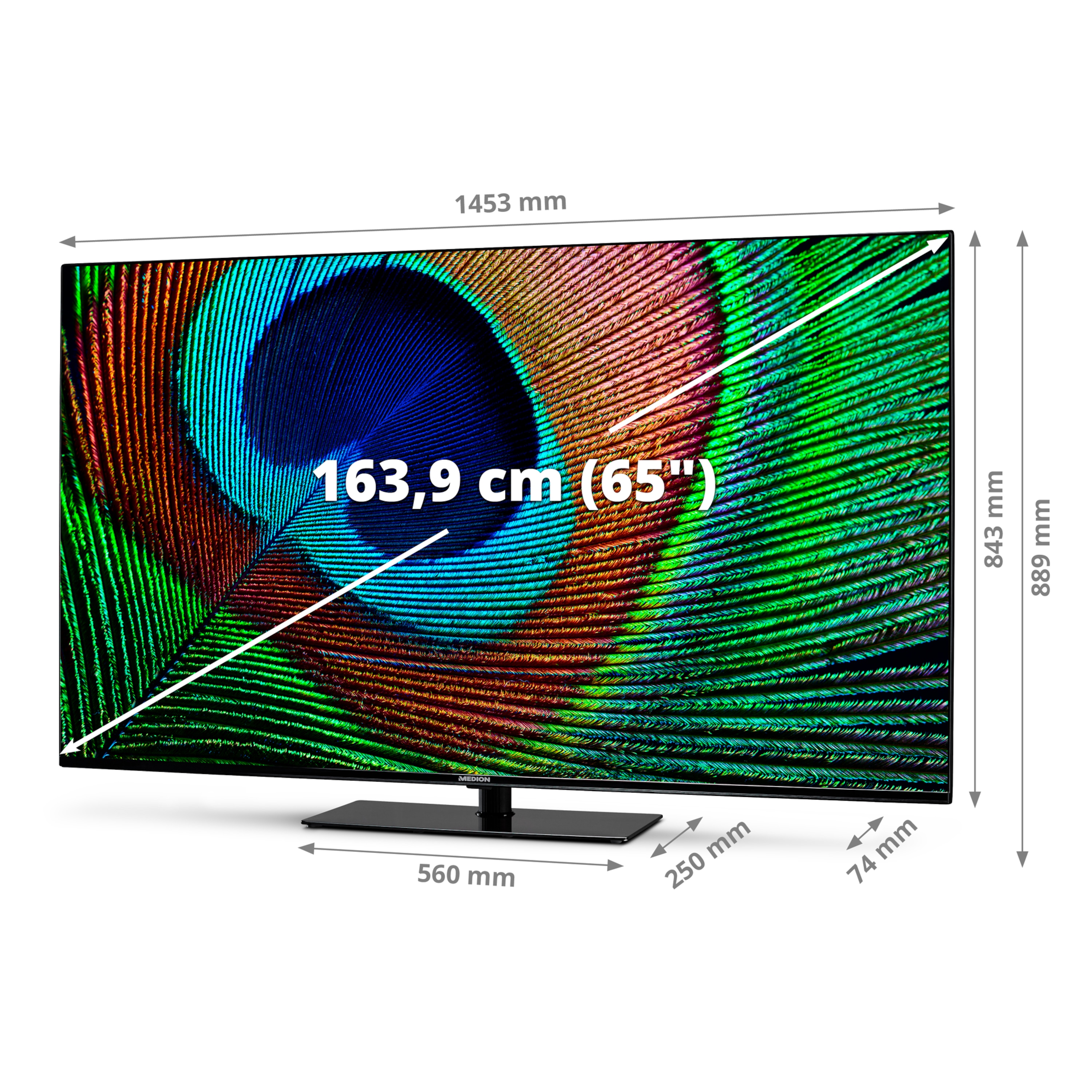 MEDION® LIFE® X16537 (MD 30136) Android TV, 163,9 cm (65') Ultra HD Smart-TV, HDR, Dolby Vision®, Micro Dimming, PVR ready, Netflix, Amazon Prime Video, Bluetooth®, Dolby Atmos, DTS Virtual X, DTS X, HD Triple Tuner, CI+