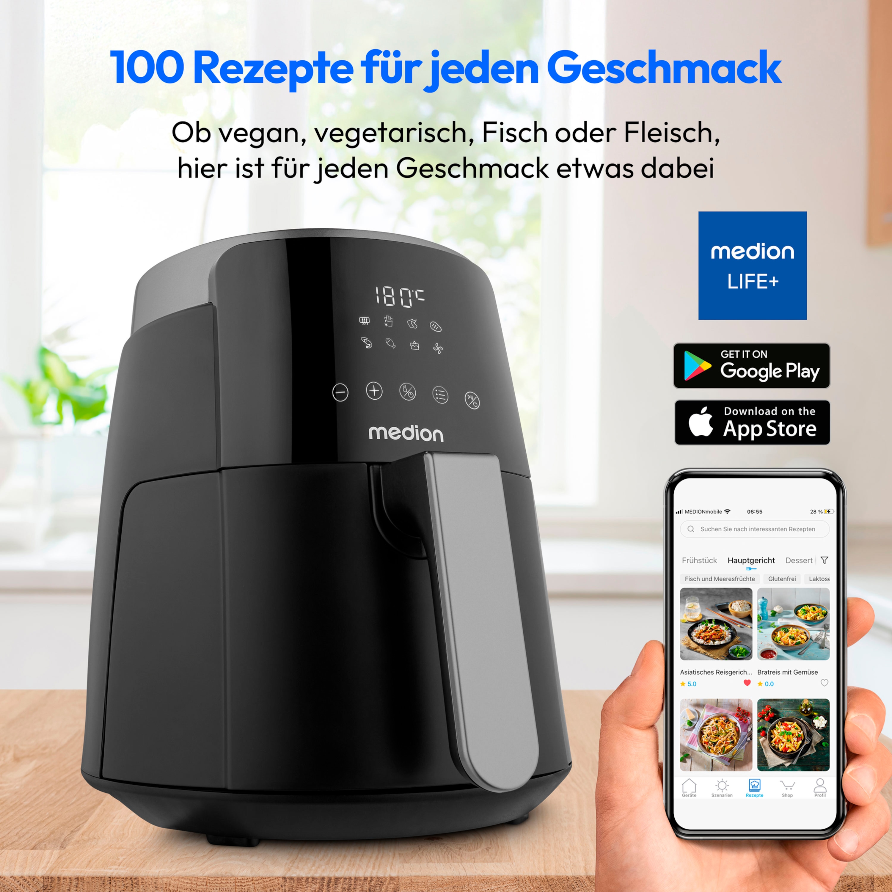 MEDION® LIFE HeißluftFritteuse P40 L (MD13030), 100 Rezepte in der Life+ App¹, Touch-Sensor- Bedienfeld, 4,7 Liter Fassungsvermögen, 8 Automatikprogramme,1.500 Watt, 60 min. Timer, 100