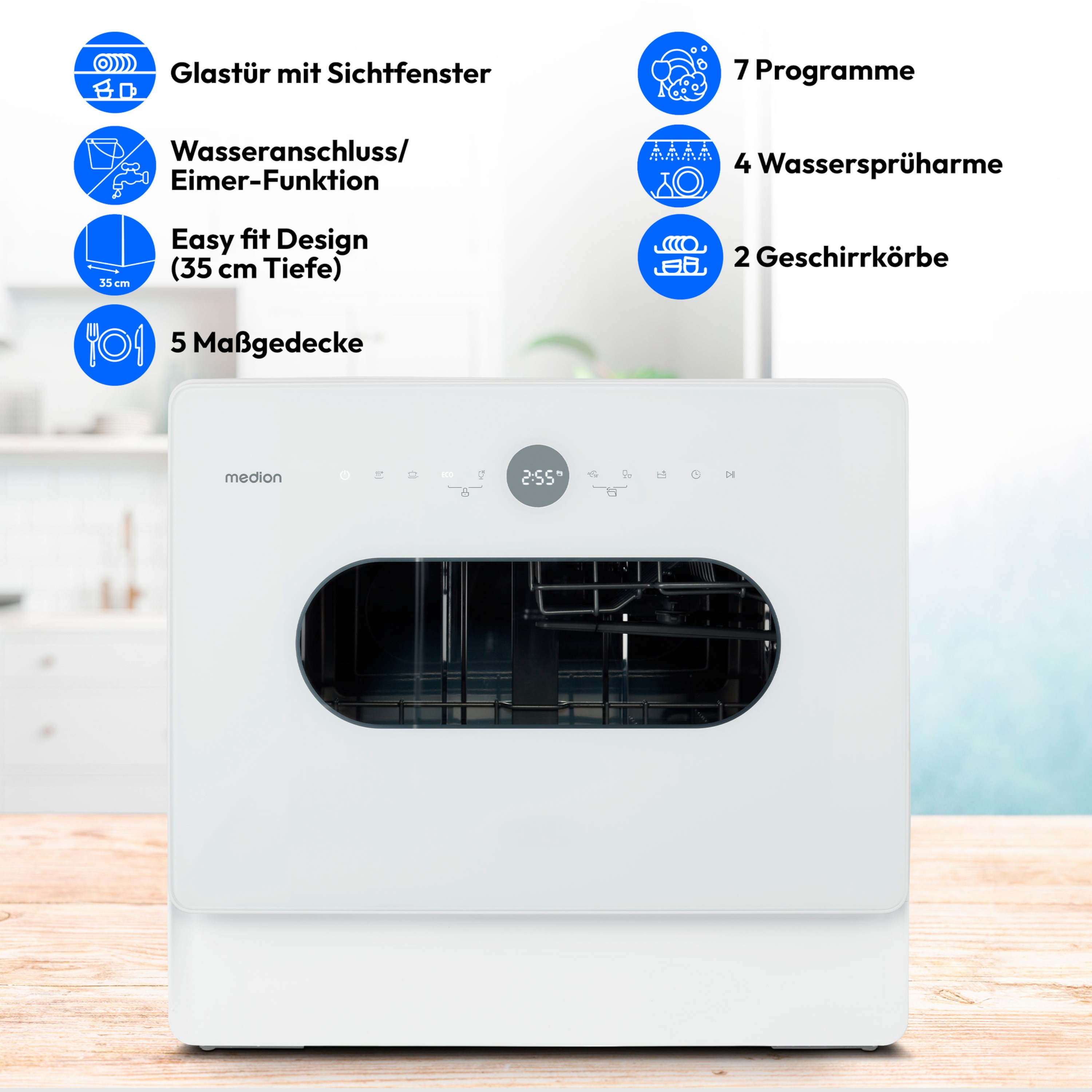 MEDION® LIFE® Tischgeschirrspüler DWT51 (MD 37766), 7 Reinigungsprogramme, Eimer-Funktion und Wasseranschluss, für 5 Gedecke, EasyFit Design, Touch-Bedienfeld, LED-Display