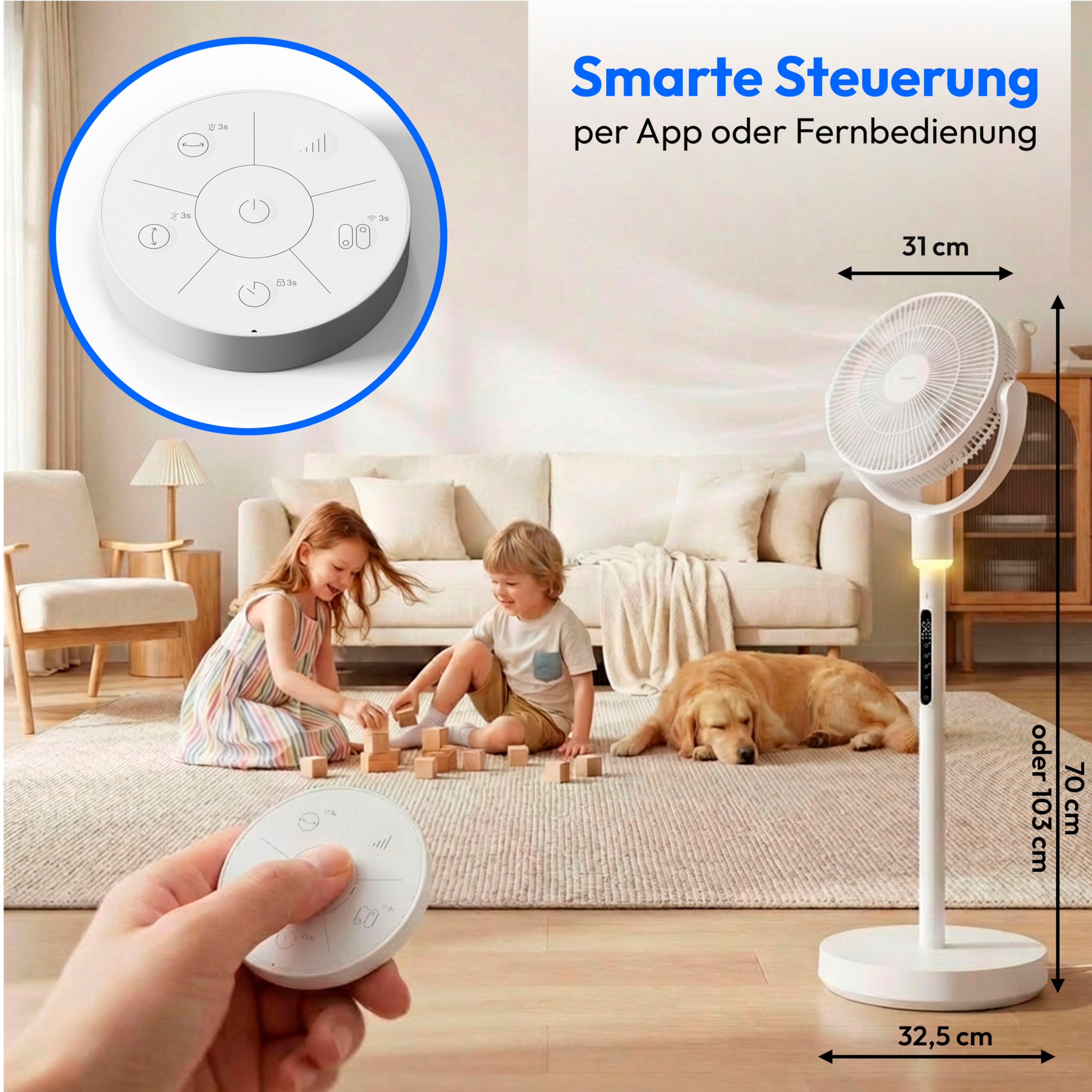 MEDION® LIFE P25 SF Akku-Standventilator (MD 100144), App-Steuerung, 10 Geschwindigkeitsstufen, 24 Watt Leistung, Schwenkfunktion, inkl. Fernbedienung