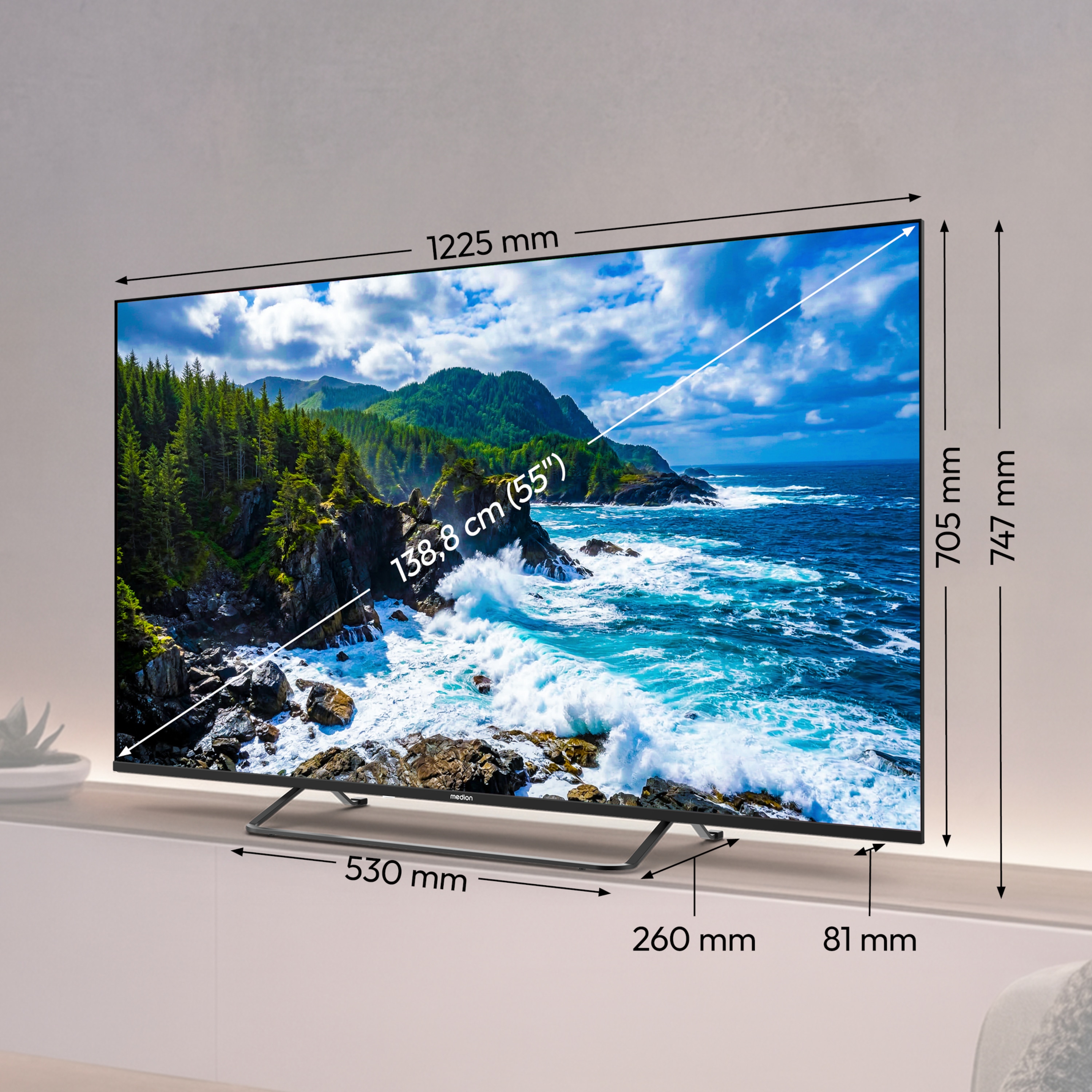 MEDION® LIFE MD 855302 Smart-TV (2026), 138,8 cm (55'') Ultra HD Display, HDR (High Dynamic Range), Dolby Vision®, MEMC, Bluetooth®, PVR ready, HBO Max, MagentaTV, NETFLIX, Prime Video, Disney+, DAZN, Paramount+ App, VIDAA App Store, Dolby Atmos®