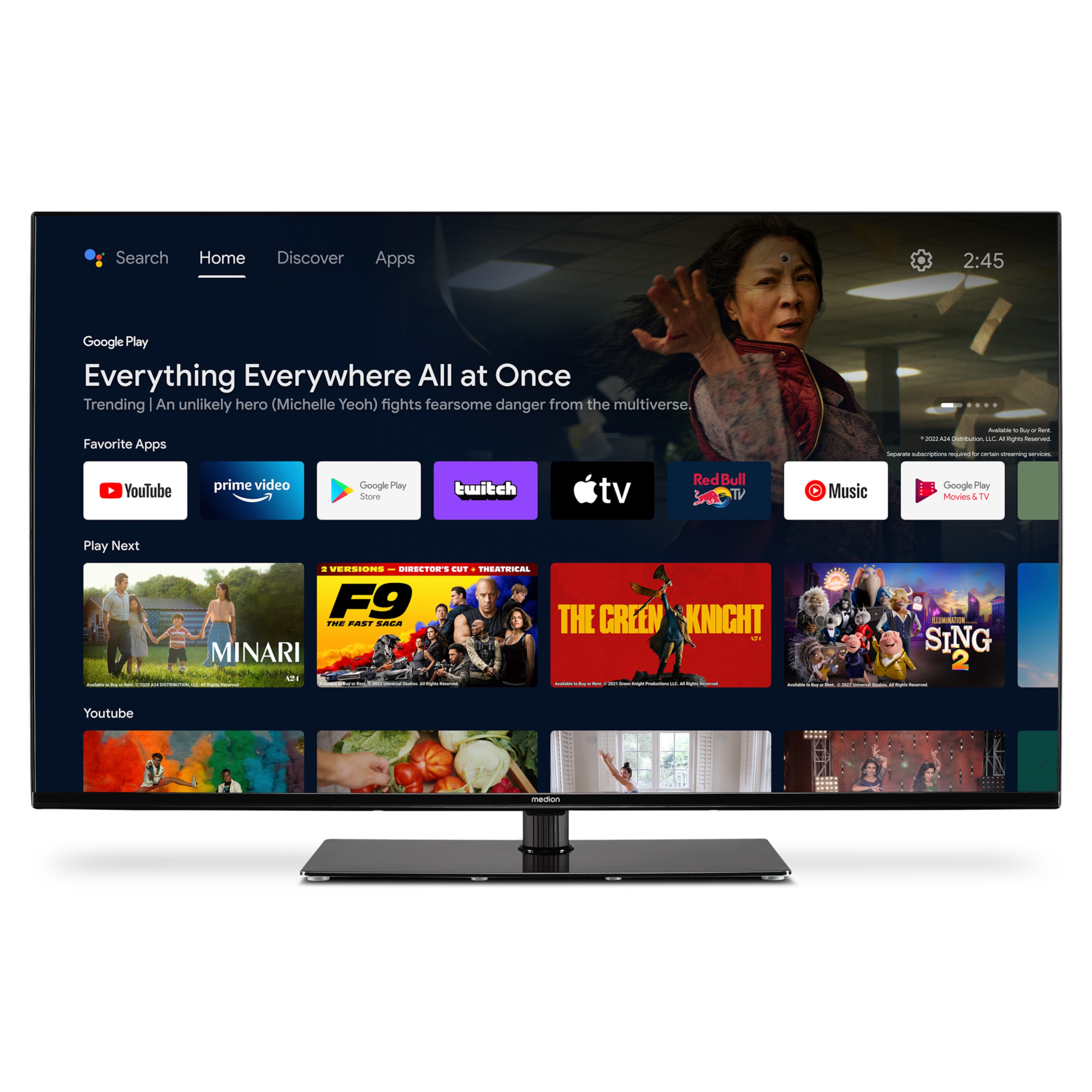 MEDION® LIFE® X14371 (MD 30921) Android TV, 108 cm (43'') Ultra HD Smart-TV, HDR, Dolby Vision®, Micro Dimming, MEMC, PVR ready, Netflix, Amazon Prime Video, Bluetooth®, Dolby Atmos, DTS Virtual X, DTS X, HD Triple Tuner, CI+